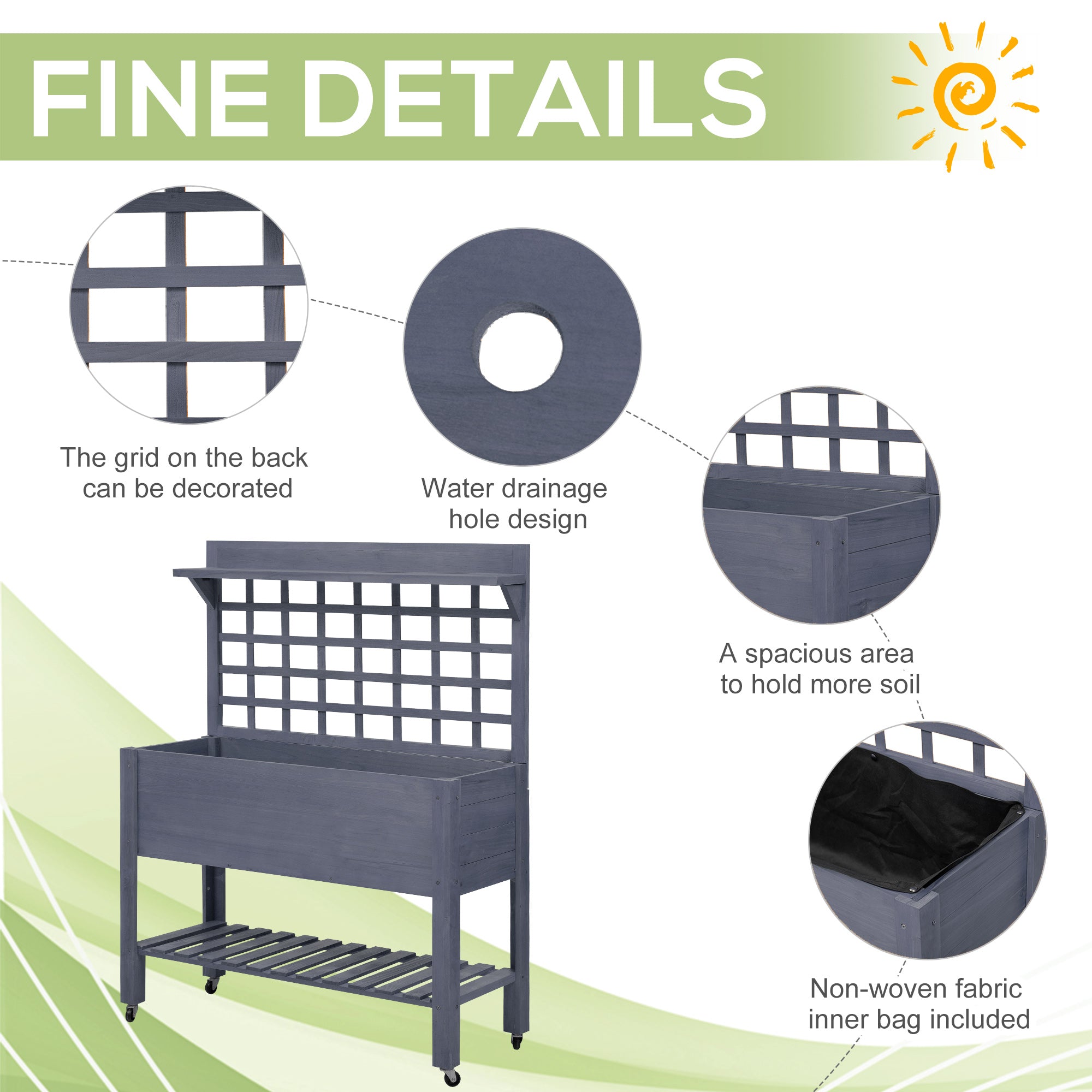 41" Raised Garden Bed Mobile Elevated Wooden Planter Box Stand with Wheels, Trellis and Storage Shelf, Gray - Gray - Image 7