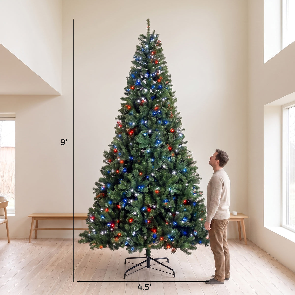 9ft Prelit Christmas Tree with RGB Dynamic LEDs, Remote Control, Daily Timer, Hinged Xmas Tree, Easy Assembly