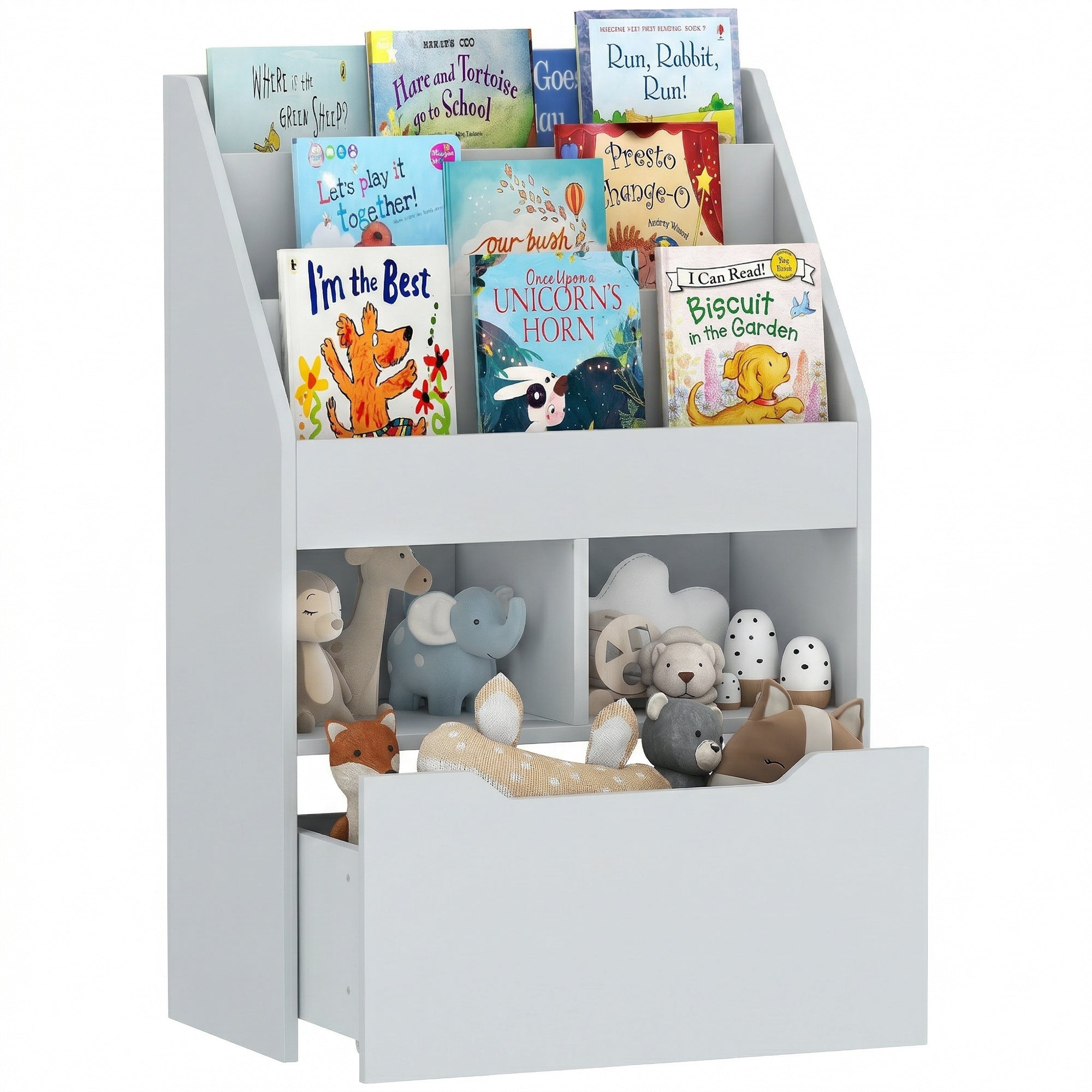 Kids Bookcase Multi-Shelf Book Rack with Mobile Drawer for Books, Toy , Gray