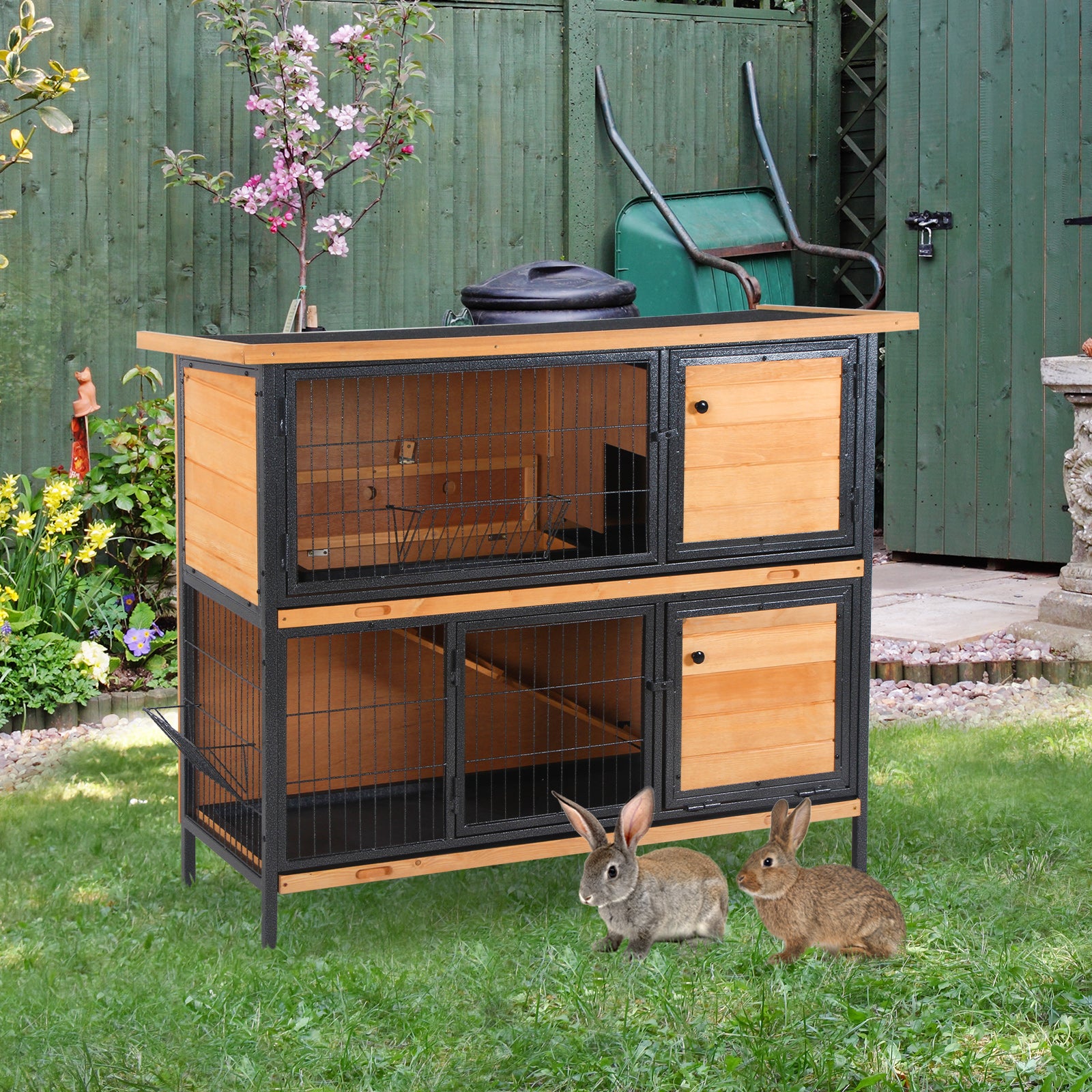 48" 2-Story Large Rabbit Hutch Bunny Cage Wooden Pet House Metal Frame with Rooms, Ramp, No Leak Tray, Feeding Trough, Waterproof Asphalt Roof for Rabbits, Chickens, Ducks, Outdoor/Indoor - Light yellow - Image 2