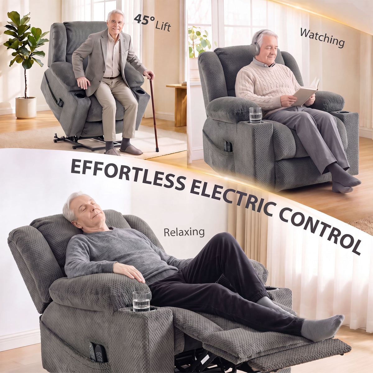 Dual Motor Power Lift Recliner Chair with Massage and Heat for Elderly, 180° Flat Recline, Wide Seat, Dark Gray