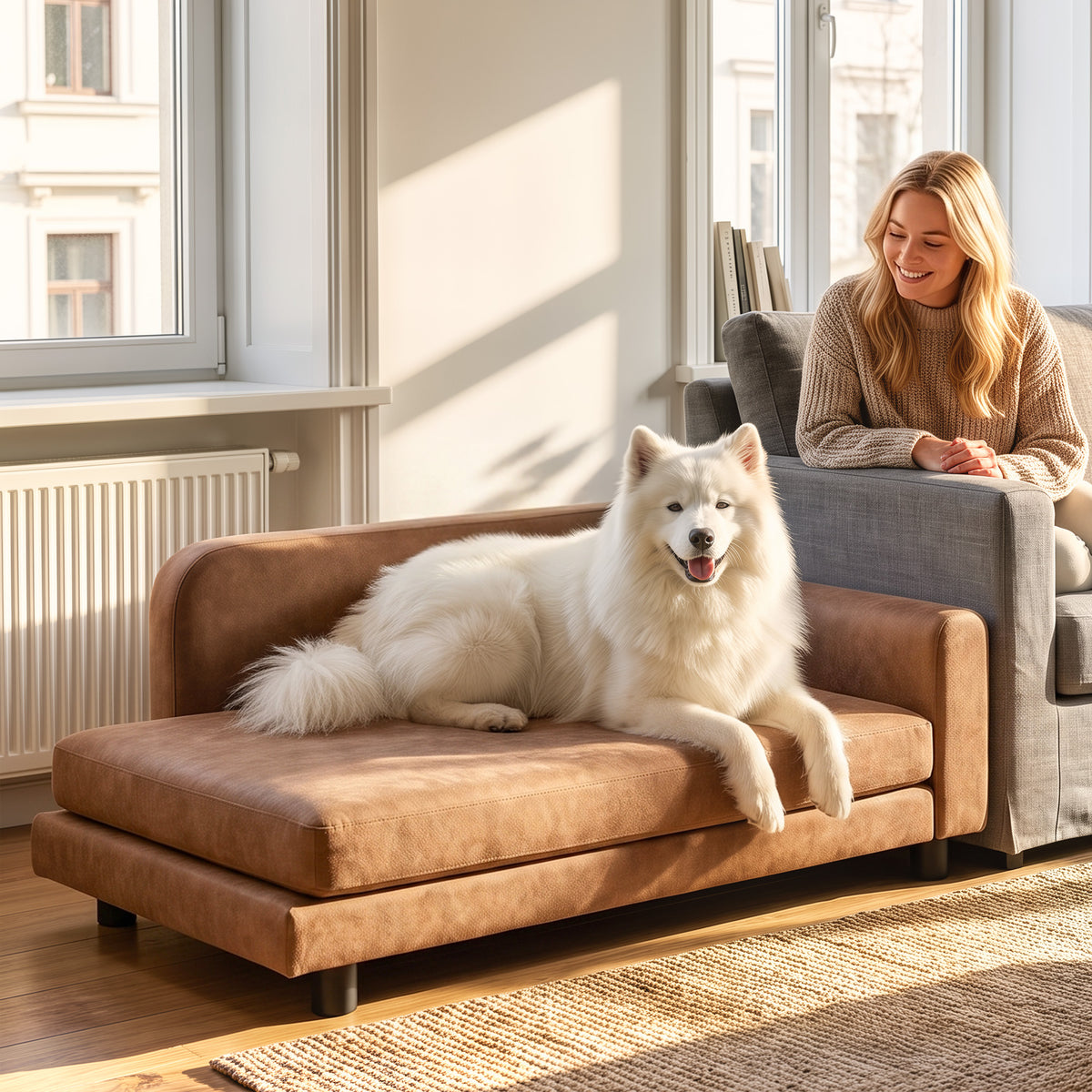 Dog Bed for Large Breeds, Soft Velvet Dog Couch with Removable Cushion, Backrest, Armrest and Low Feet, Brown
