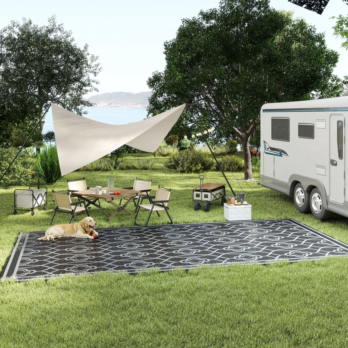 Reversible Outdoor Rug, Waterproof Plastic Straw with Carry Bag, 9' x 18', Black & Gray Lantern