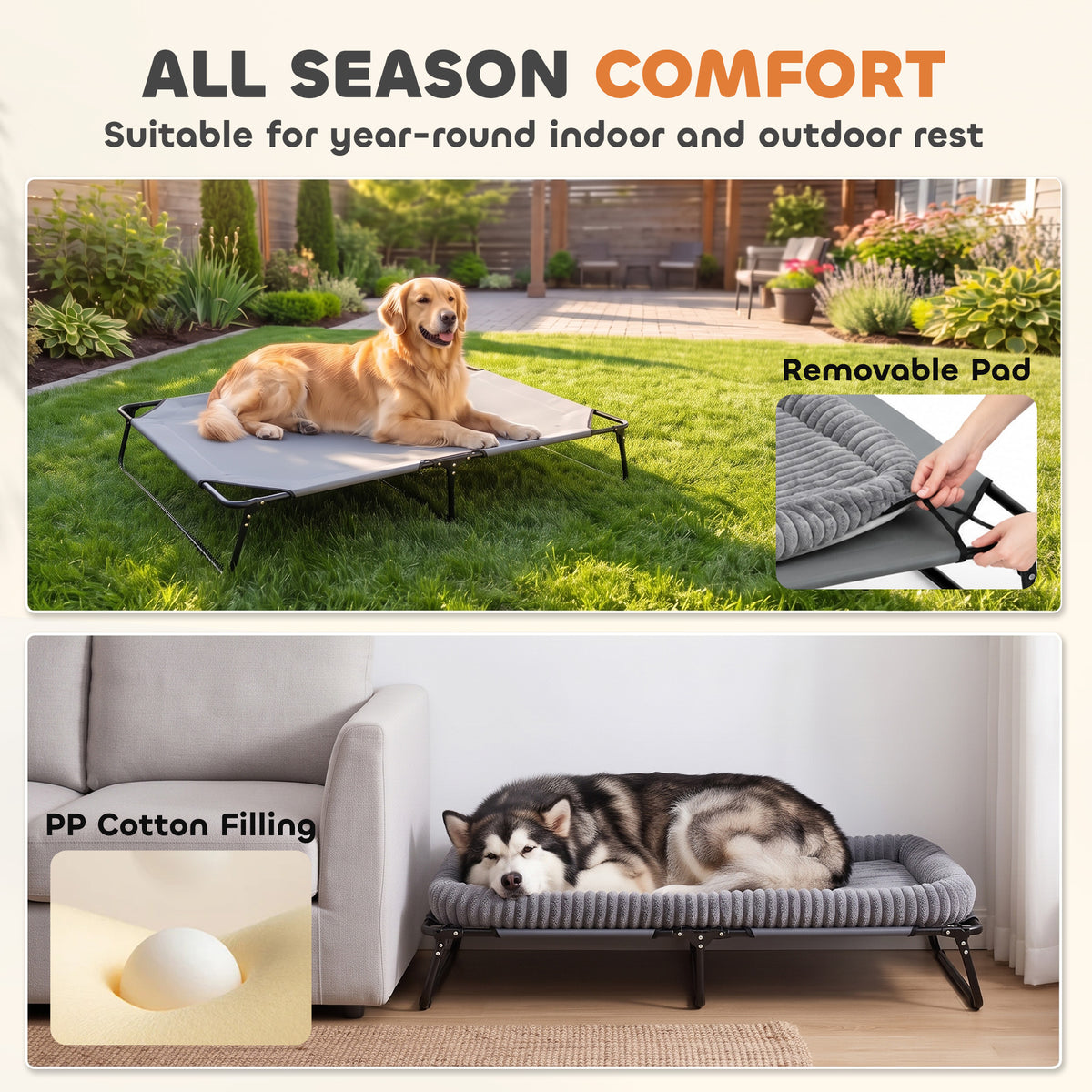 Elevated Dog Bed, Large Raised Outdoor Dog Bed with Removable Pad and Metal Frame, Portable Pet Cot for XL Breeds