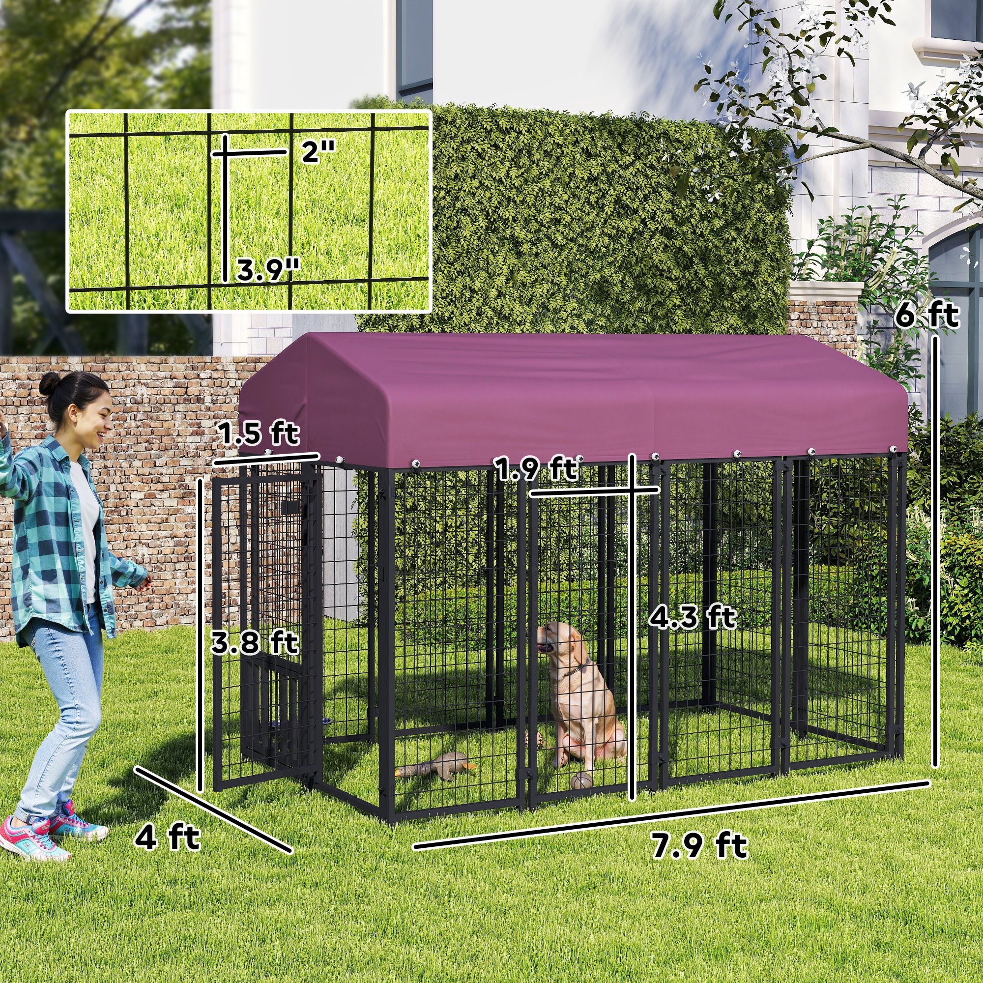 Welded Wire Outdoor Dog Kennel with 360° Rotating & 4 Levels Adjustable Bowls, Waterproof Cover, 7.9' x 4' x 6' - Red - Image 3