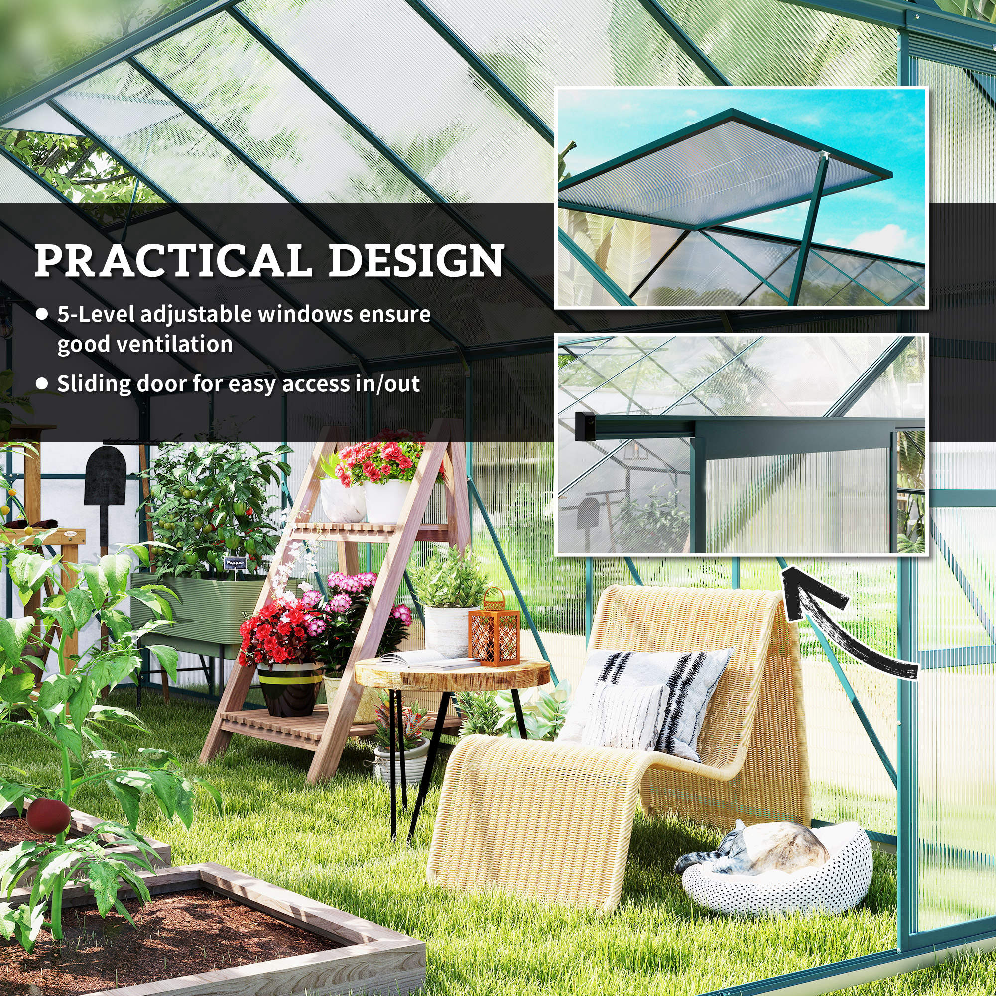 16' x 8' Aluminum Greenhouse Polycarbonate Walk-in Garden Greenhouse Kit with Adjustable Roof Vent, Rain Gutter and Sliding Door for Winter, Clear - Clear - Image 5