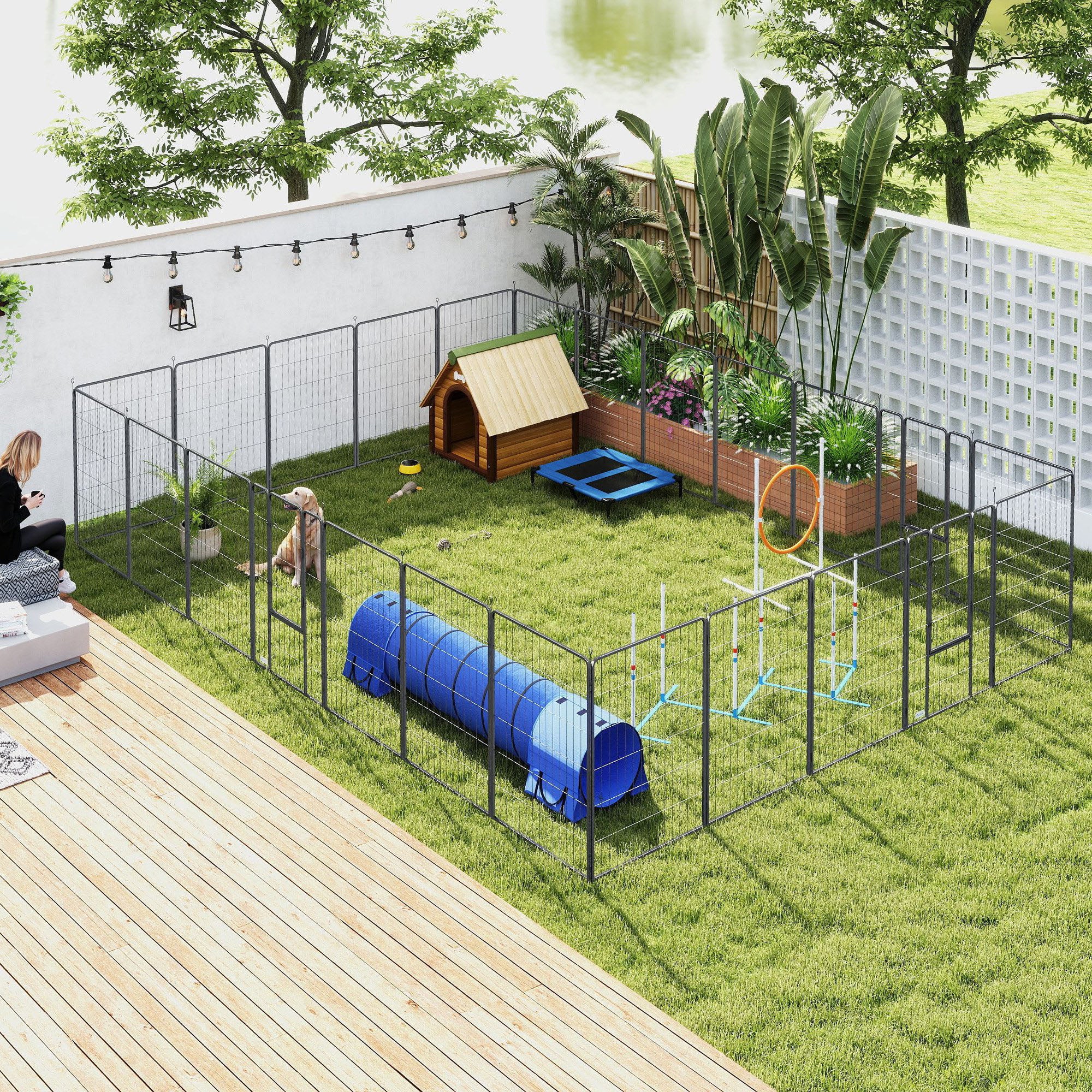 Dog Playpen for Indoor Outdoor, 24 Panels 44.5" H Puppy Playpen with Lockable Door, DIY Shape Pet Exercise Fence, Black - Black - Image 2