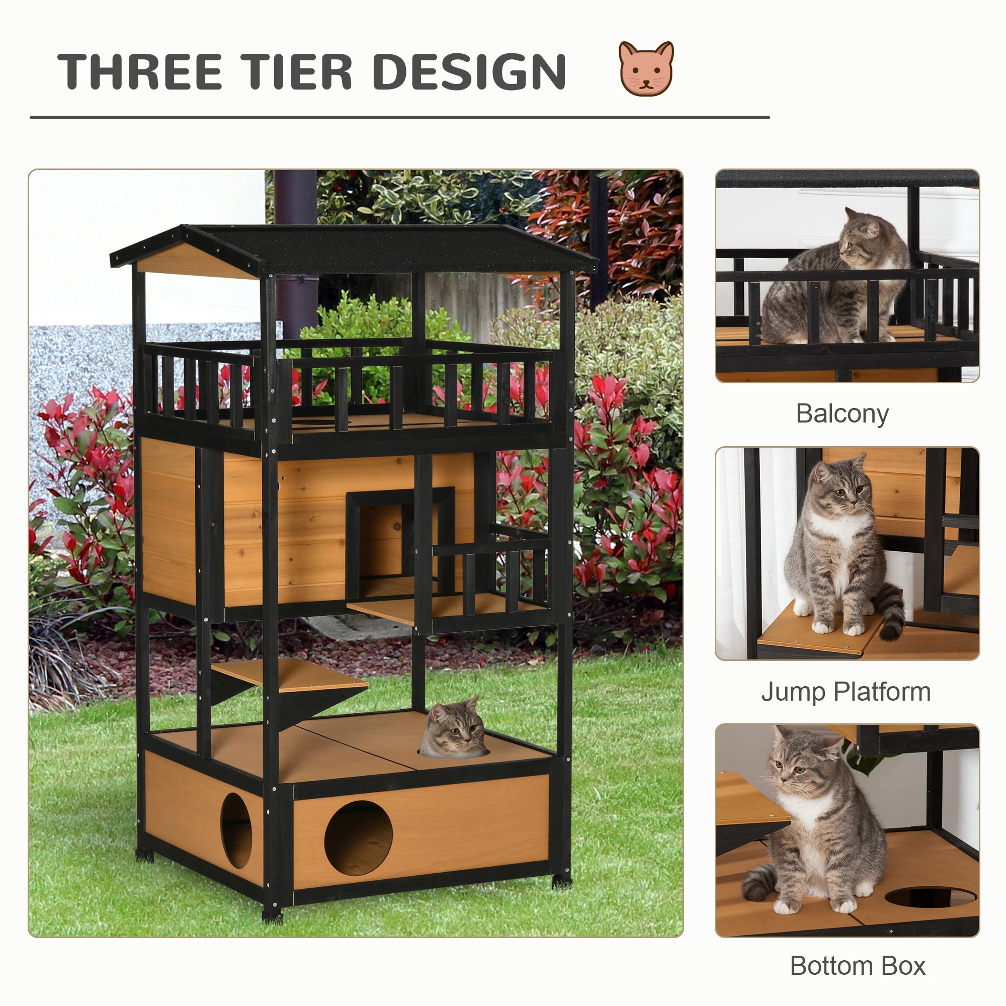 Wooden Outdoor Cat House, Feral Cat Shelter Kitten Condo with Asphalt Roof, Escape Doors, Condo, Jumping Platform, Yellow - Yellow - Image 4