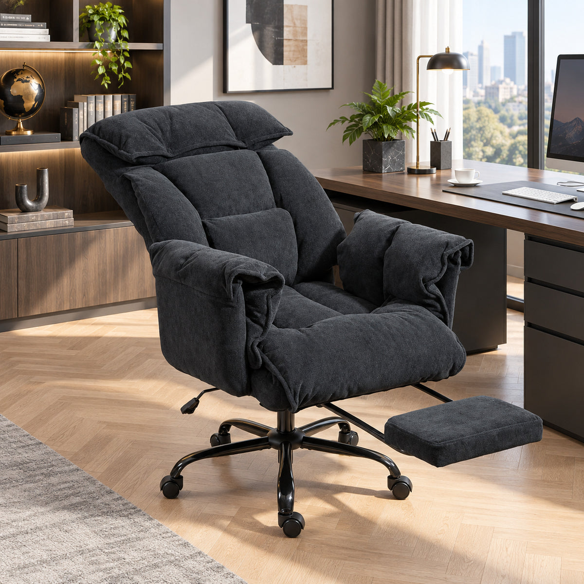 High Back Office Chair, Reclining Desk Chair with Footrest, High Resilience Foam, Rolling Wheels, Black