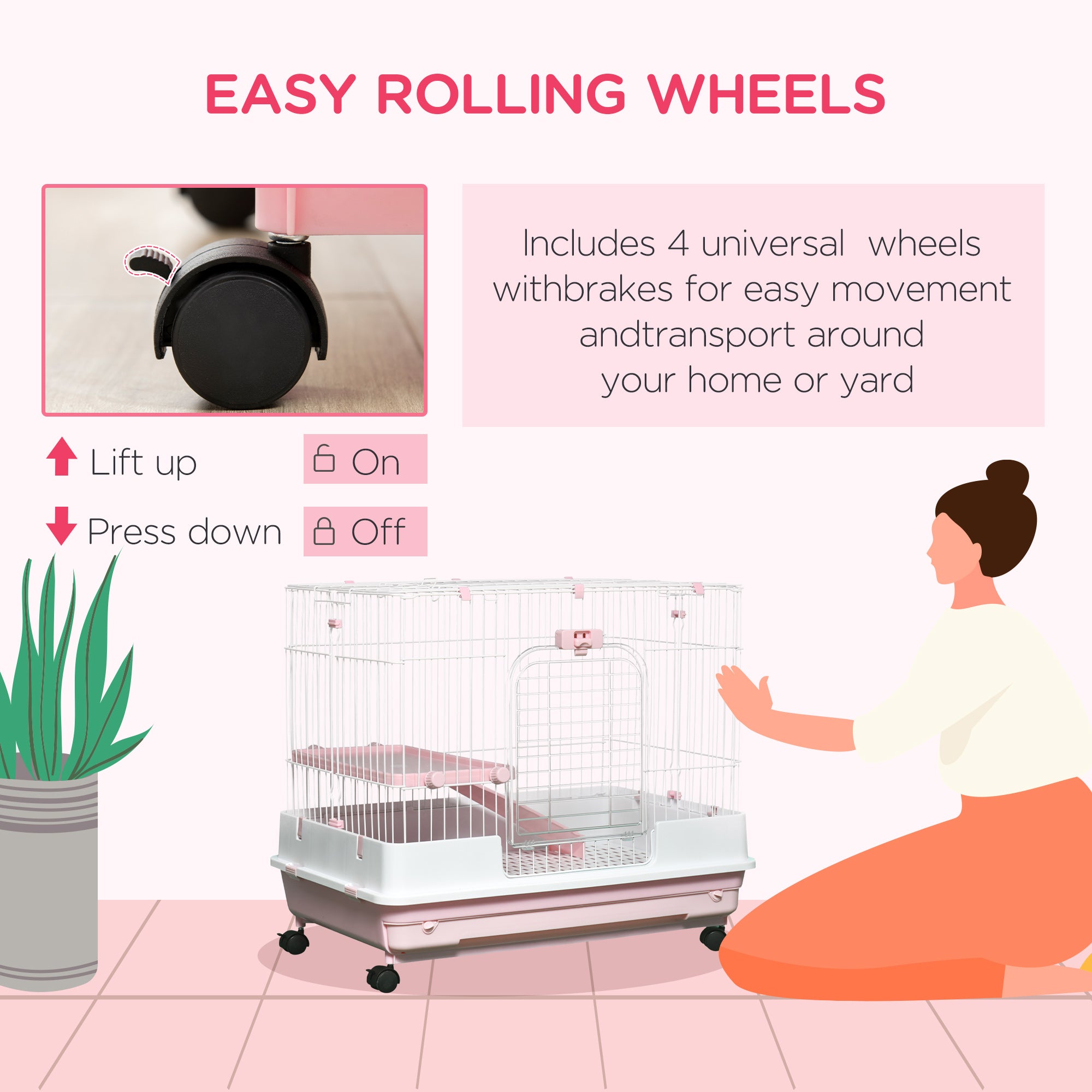 2-Level Small Animal Cage Rabbit Hutch with Wheels, Removable Tray, Platform and Ramp for Bunny, Chinchillas, Ferret, Pink - Pink - Image 6
