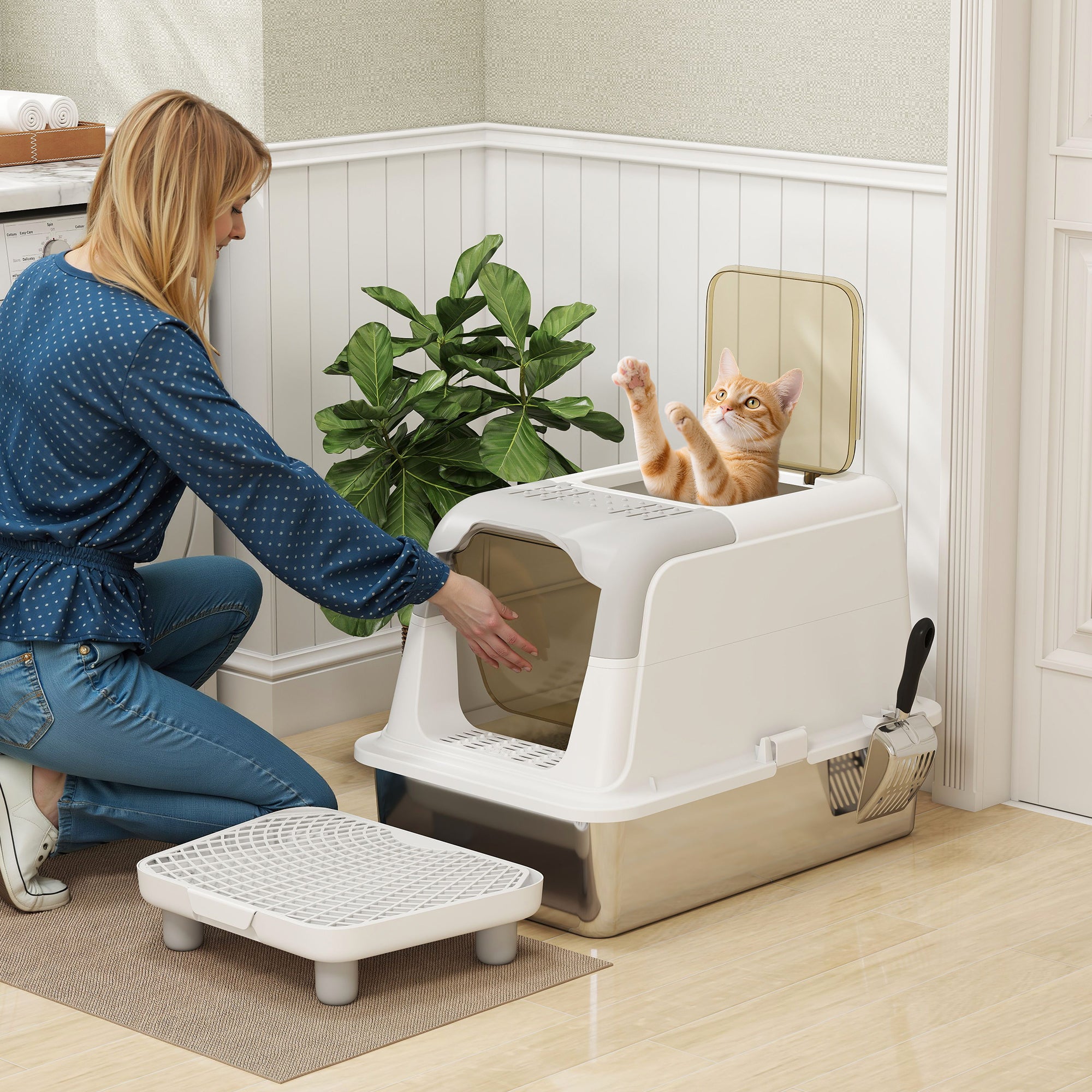 Extra Large Stainless Steel Litter Box, Enclosed Cat Litter Box with Scoop, Deodorizer Bag, Sand Drop Pedal - White - Image 2