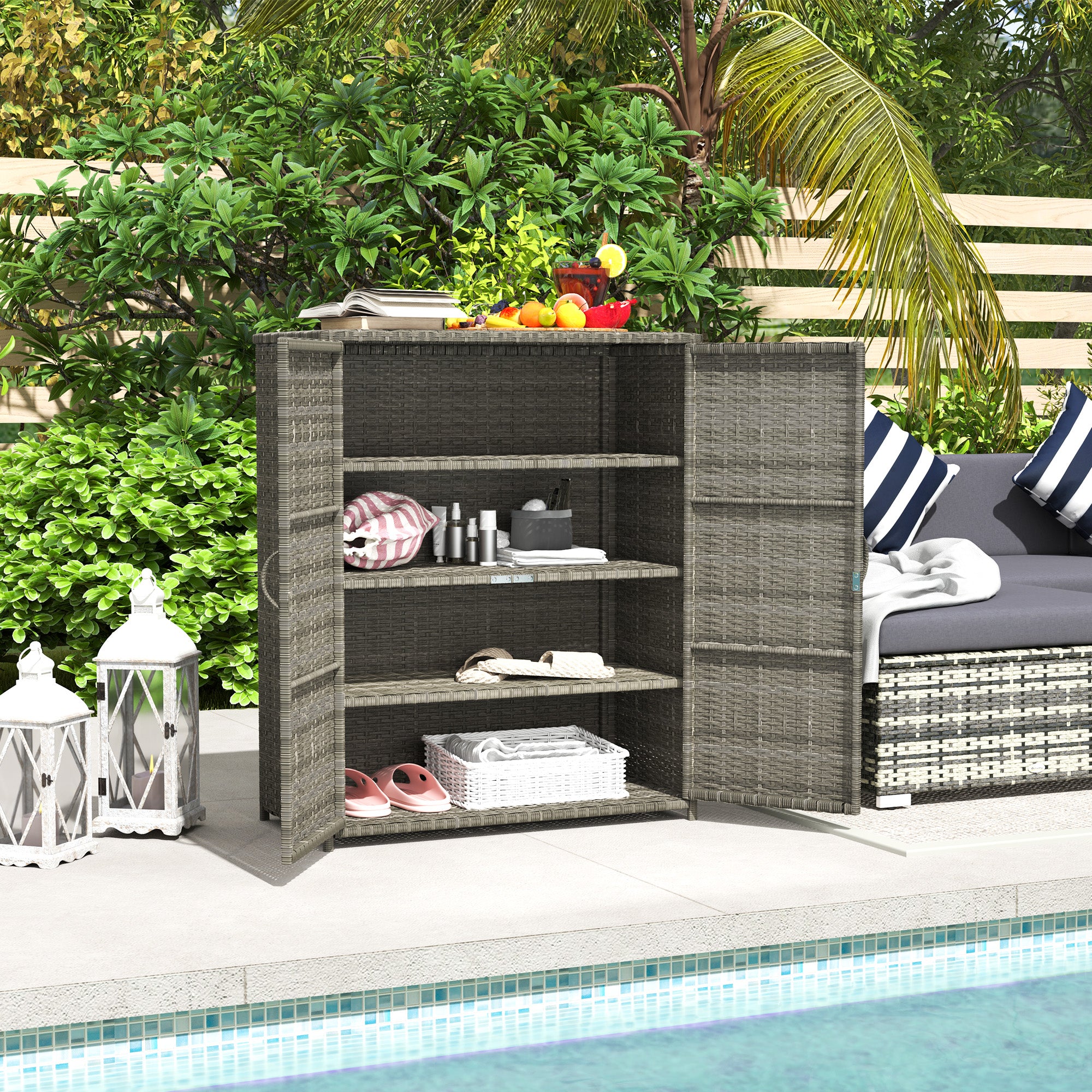 Rattan Wicker Outdoor Storage Cabinet with 4 Shelves and 2 Doors for Garden Pool Towel Storage, Mixed Gray - Mixed Gray - Image 2