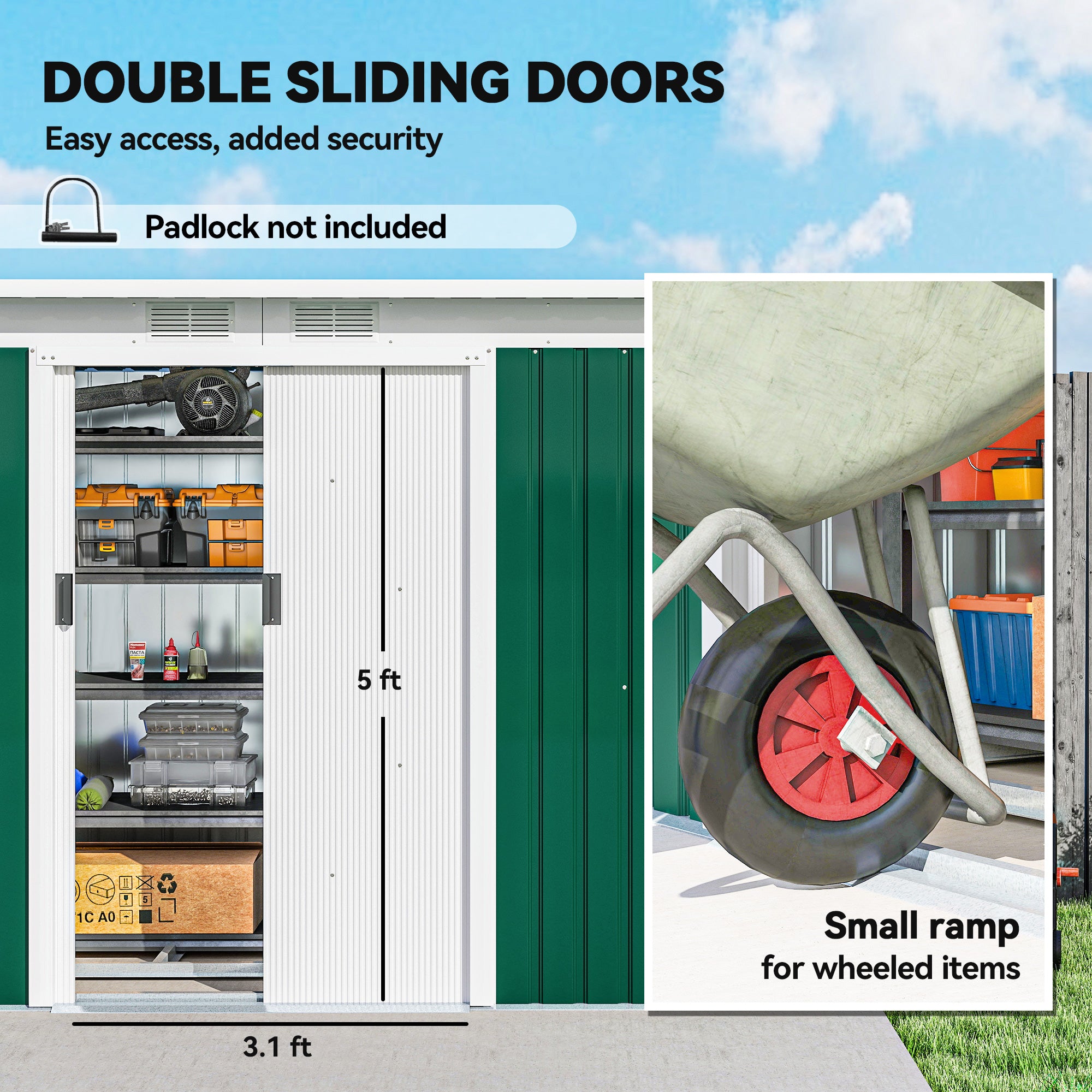 9' x 4' Metal Outdoor Storage Shed, Tool House with Double Lockable Doors for Backyard, Patio, Lawn, Garage, Dark Green - Green - Image 5