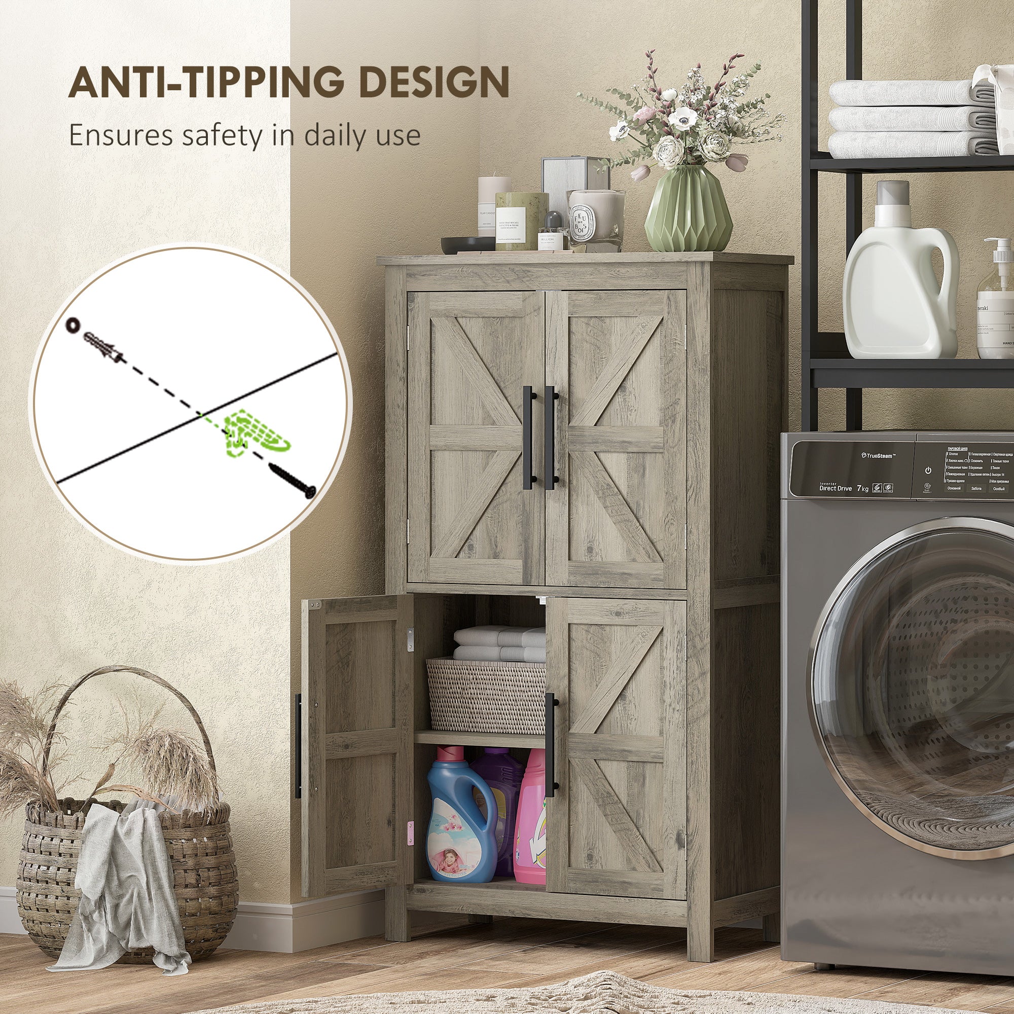 Bathroom Floor Storage Cabinet, Farmhouse Bathroom Cabinet with 4 Doors and Adjustable Shelf, Light Gray