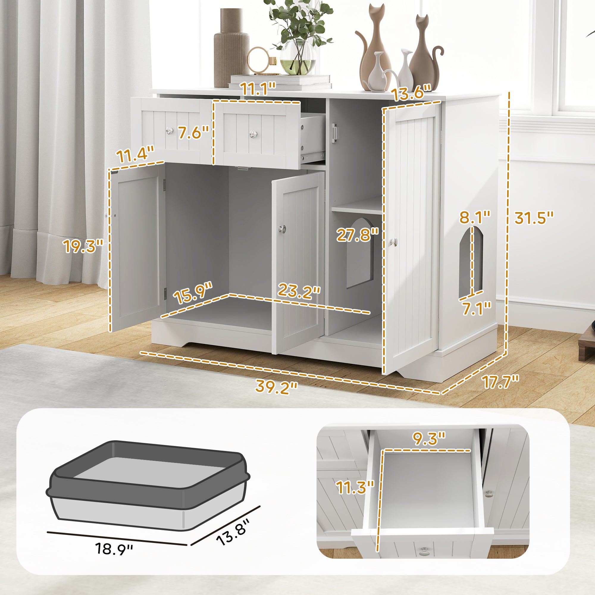 Cat Litter Box Enclosure with Drawers, Storage, Anti-tip Kit, 39" x 18" x 31.5", White - White - Image 3