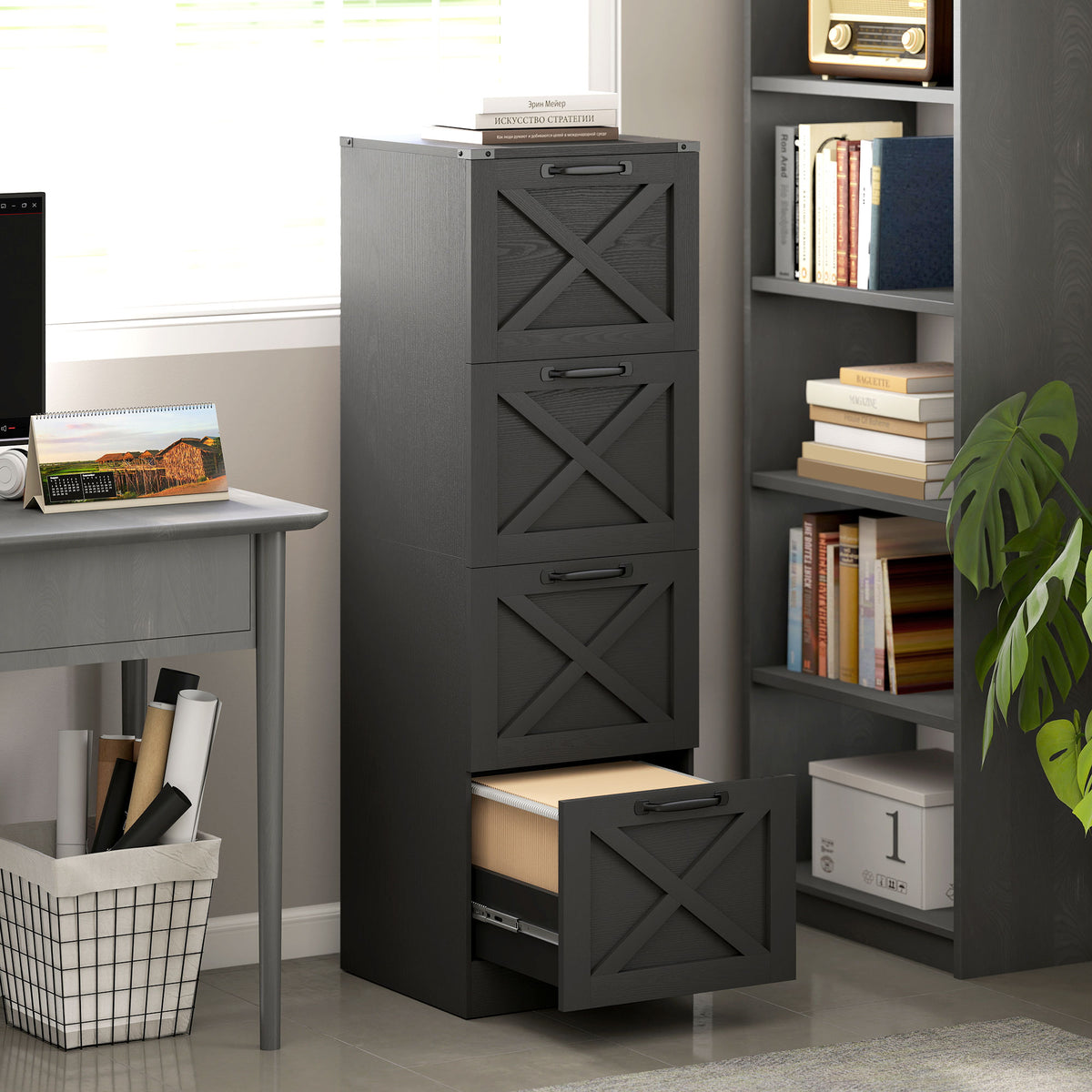 Vertical Storage Drawers Farmhouse X Pattern Printer Stand Fits Letter Files 4 Drawers Black