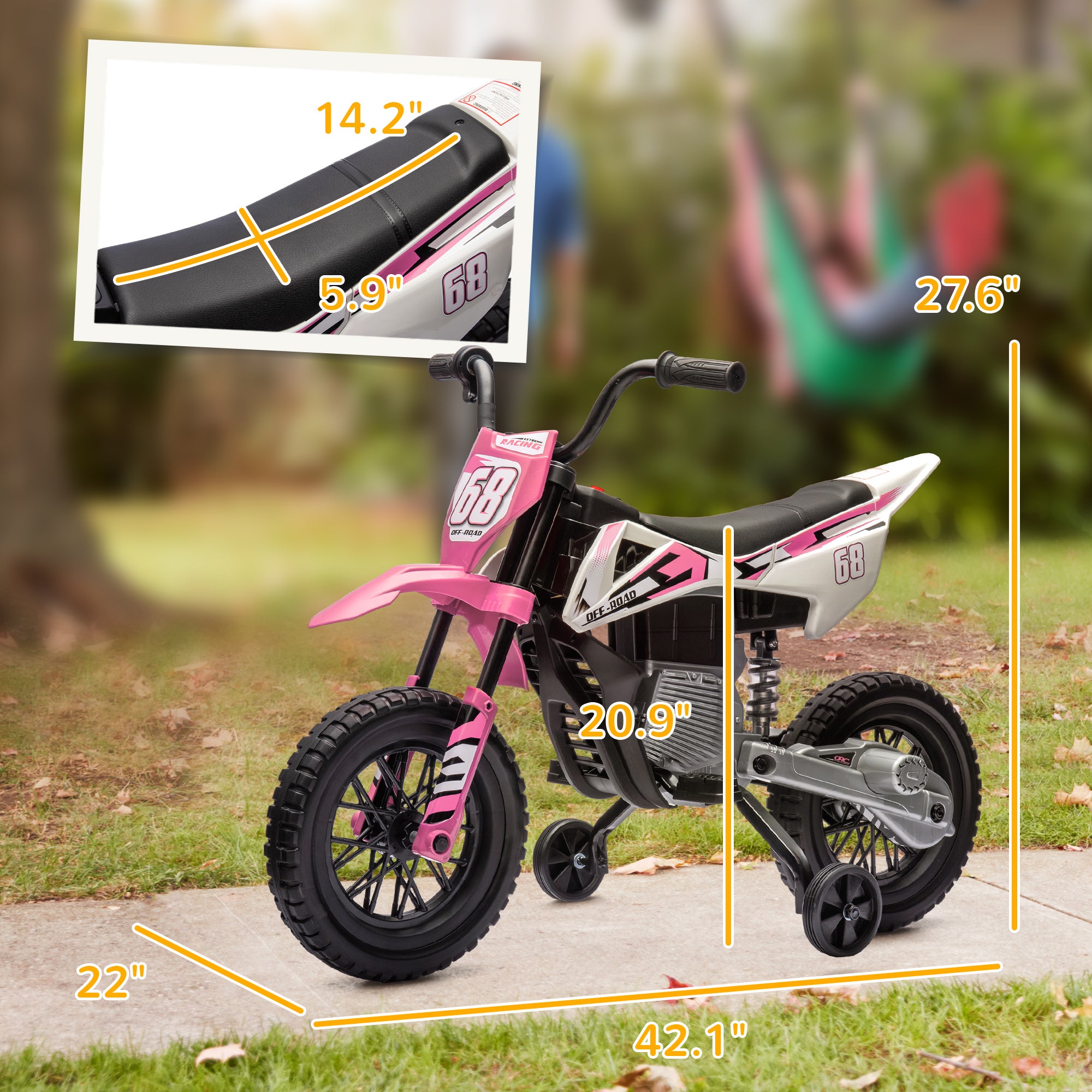 12V Kids Electric Motorcycle w/ Twist Grip Throttle, Training Wheels, Rear Suspension & Music, Pink