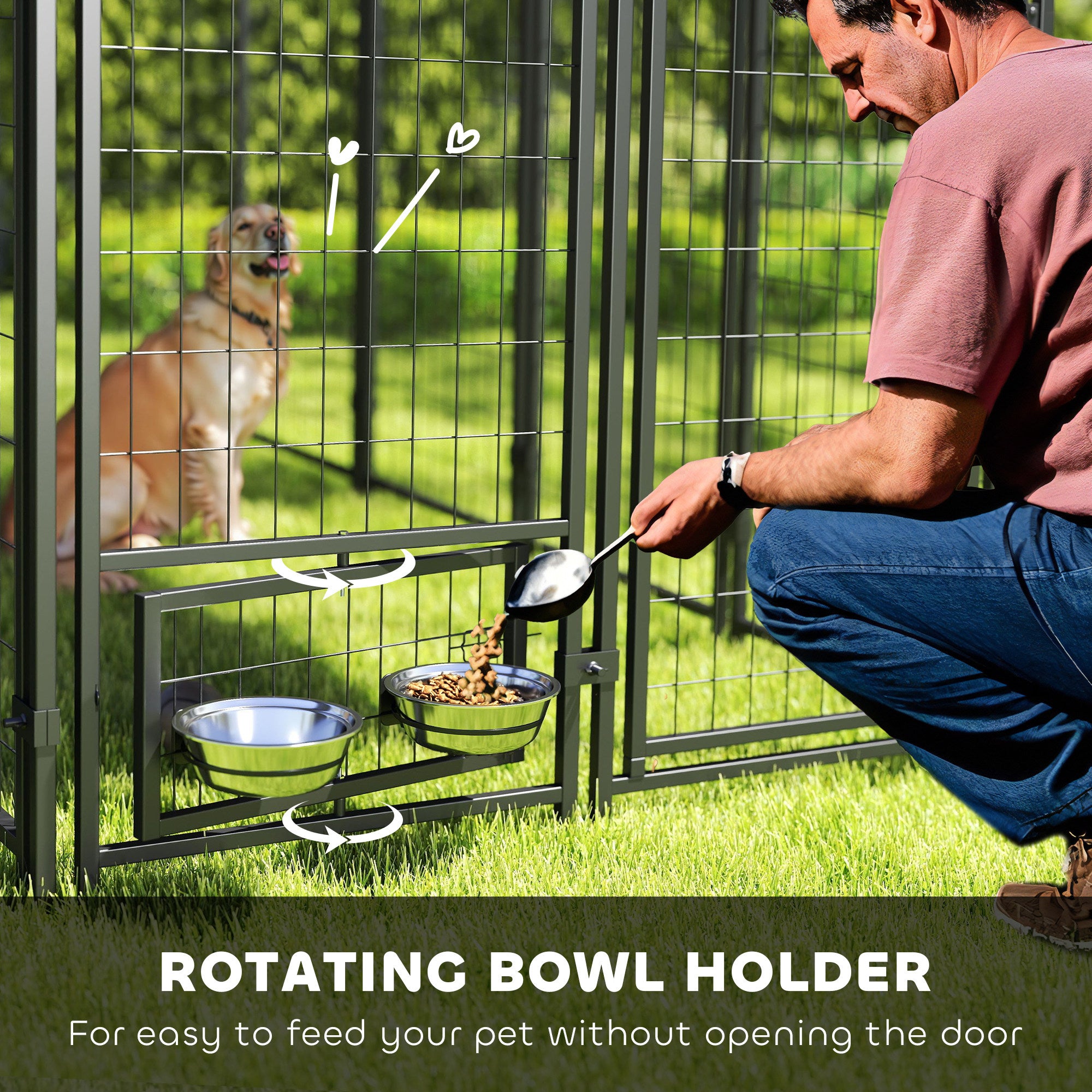 Outdoor Dog Kennel with Rotating Bowl Holders, Pet Playpen with Waterproof Cover, 8' x 4' x 6', Green - Green - Image 5