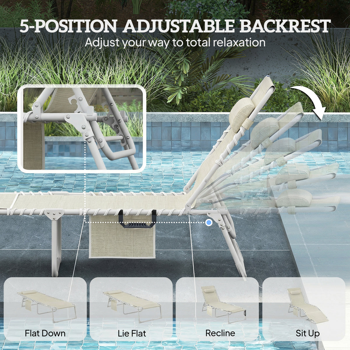 Tanning Chair Set of 2 with Face Hole and Side Table, 5-Position Folding Outdoor Chaise Lounge Chair, Beige