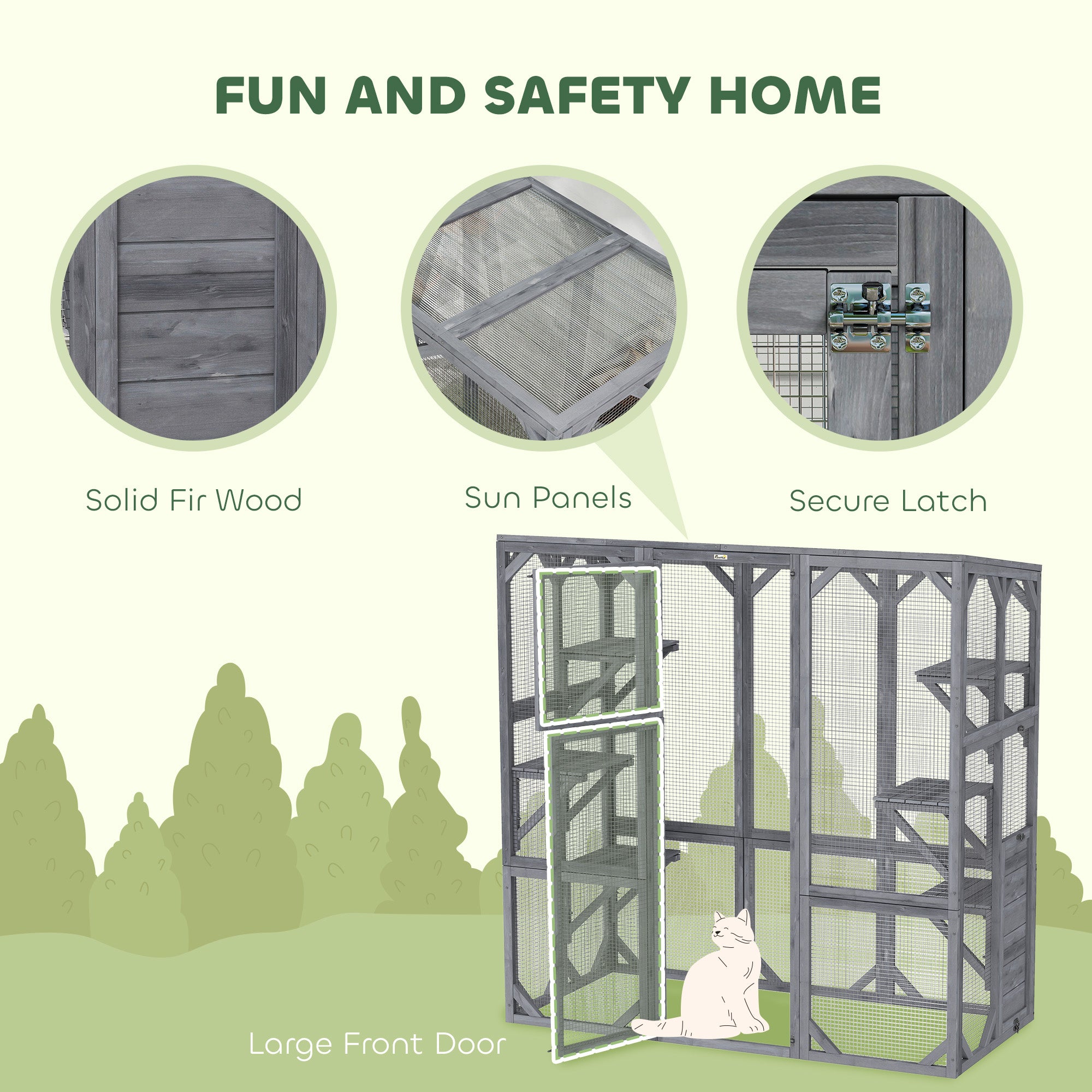 Large Wooden Catio Outdoor with 6 Jumping Platforms, Weatherproof Roof, for 1-3 Cats, 59" x 28" x 60", Gray - Gray - Image 7