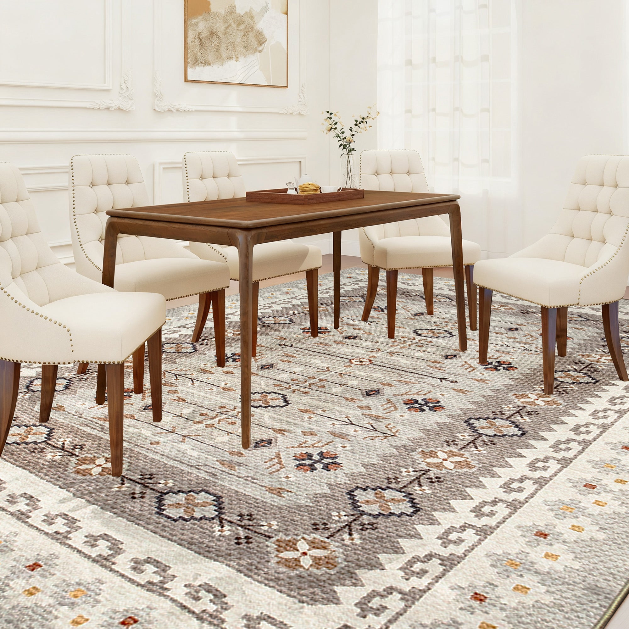 Machine Washable Area Rug 8x10, Non-Slip Boho Flannel Print Floor Carpet for Living Room, Bedroom, Dining Room, Brown