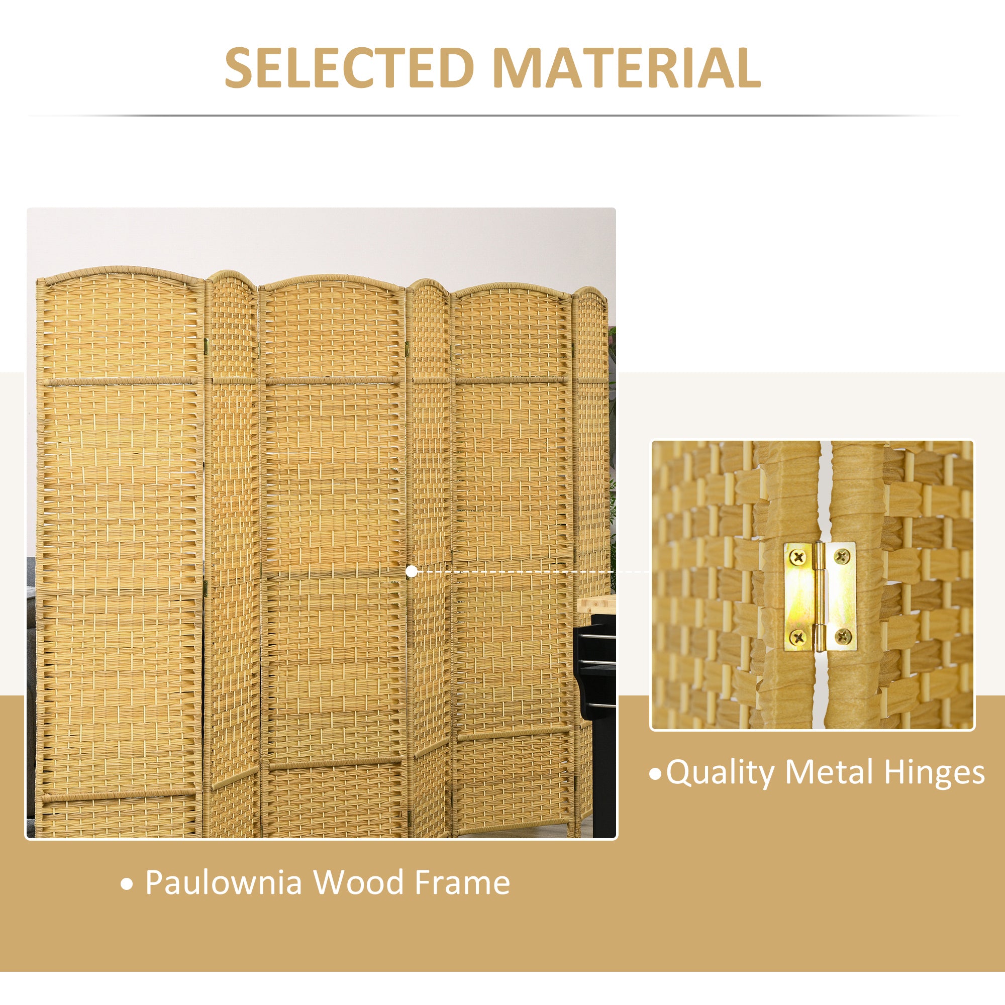 Folding Room Divider Screen 6 Panel 6' Tall Privacy Screen Freestanding Wood Partition for Home Office, Nature Wood