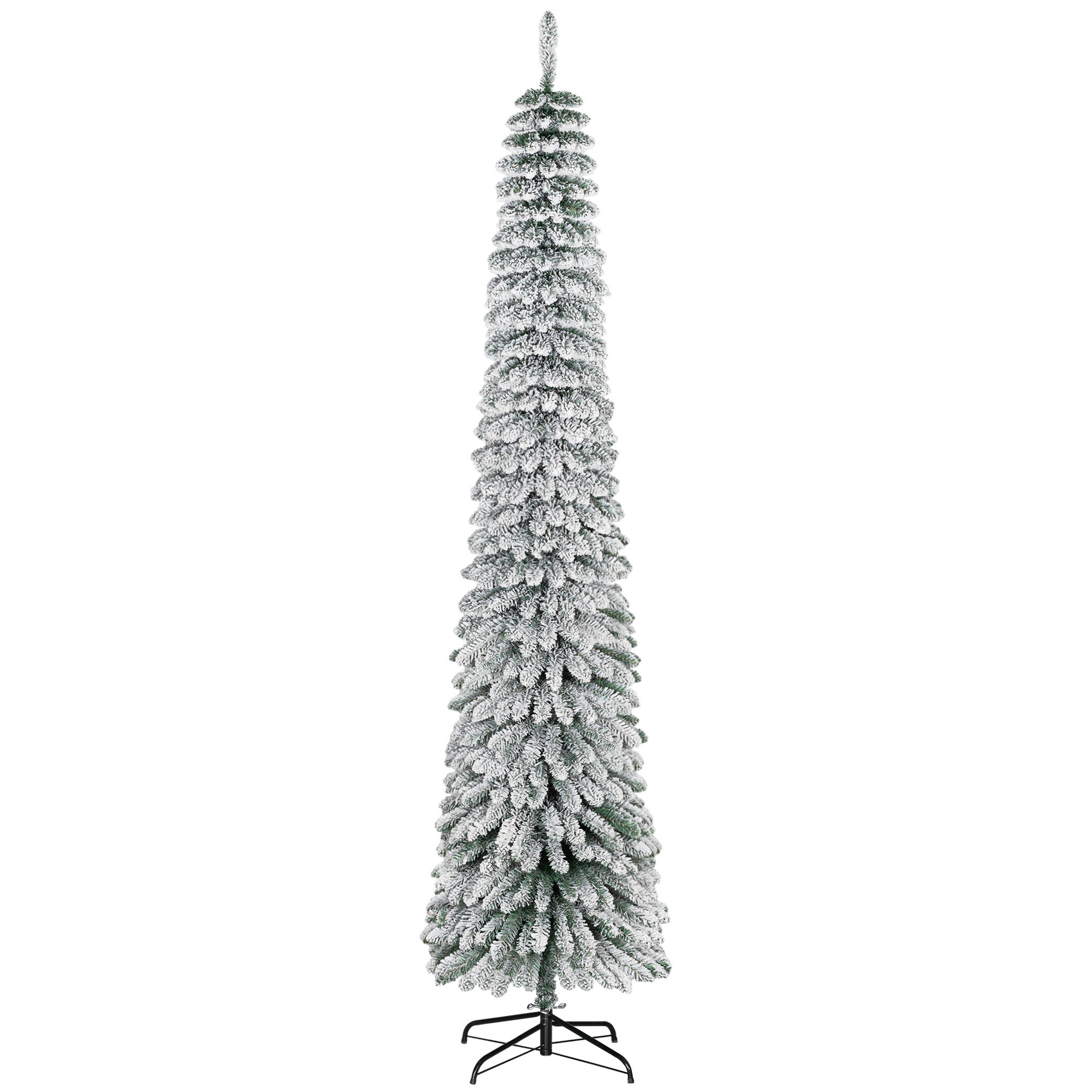 8' Tall Unlit Slim Pencil Xmas Tree, Snow Flocked Artificial Christmas Tree with Realistic Branches and 603 Tips, Green