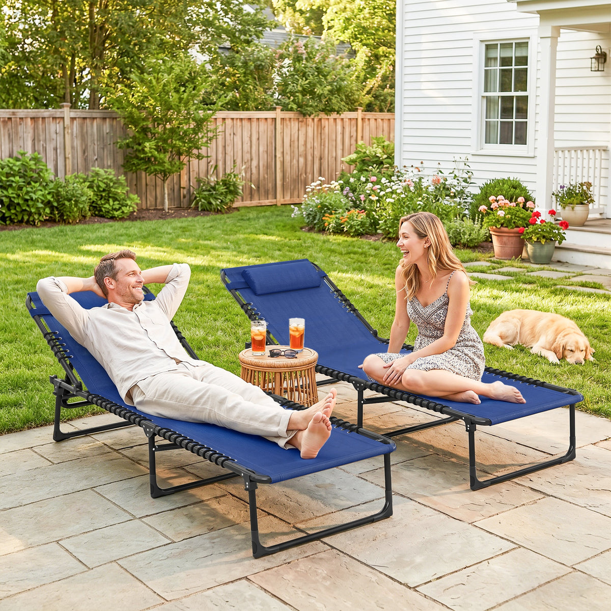 2 Folding Chaise Lounge Pool Chairs with 4-Position Reclining Back, Pillow, Breathable Mesh & Bungee Seat, Blue