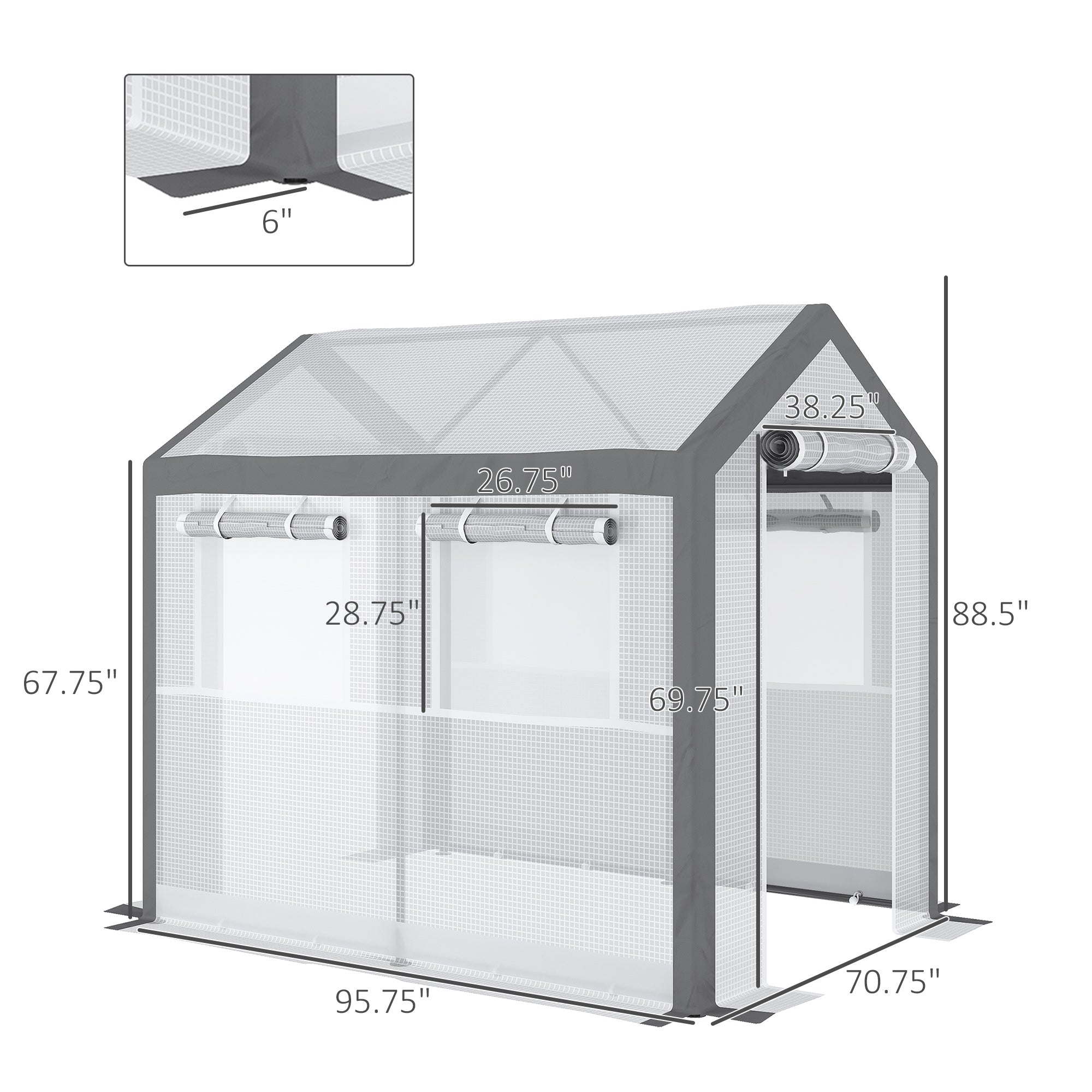 Outdoor Walk-In Tunnel Greenhouse with Roll-up Windows, Zippered Mesh Door, & Weather Cover, 8' x 6' x 7.4' - White - Image 3