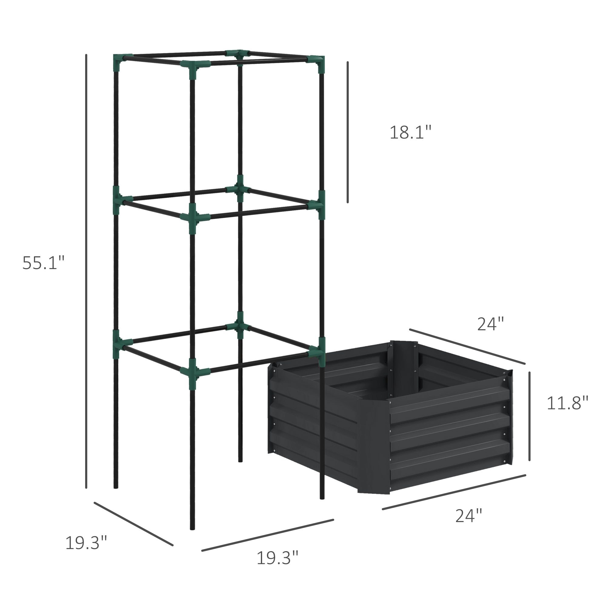 Galvanized Planter Box, 24" x 24" x 55" Raised Garden Bed with Tomato Cage for Climbing Vines, Dark Gray - Dark Gray - Image 3