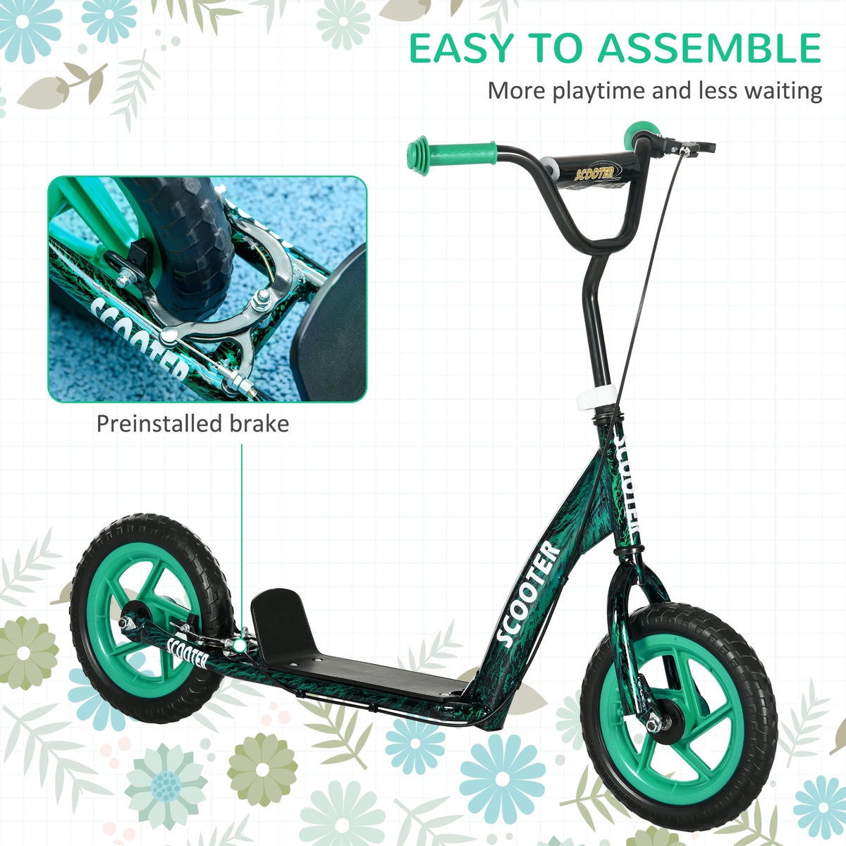 Kids Scooter with Adjustable Handlebar, Kids Kick Scooter with Non-slip Footplate, Rear Brake, 12" EVA Wheels, Green