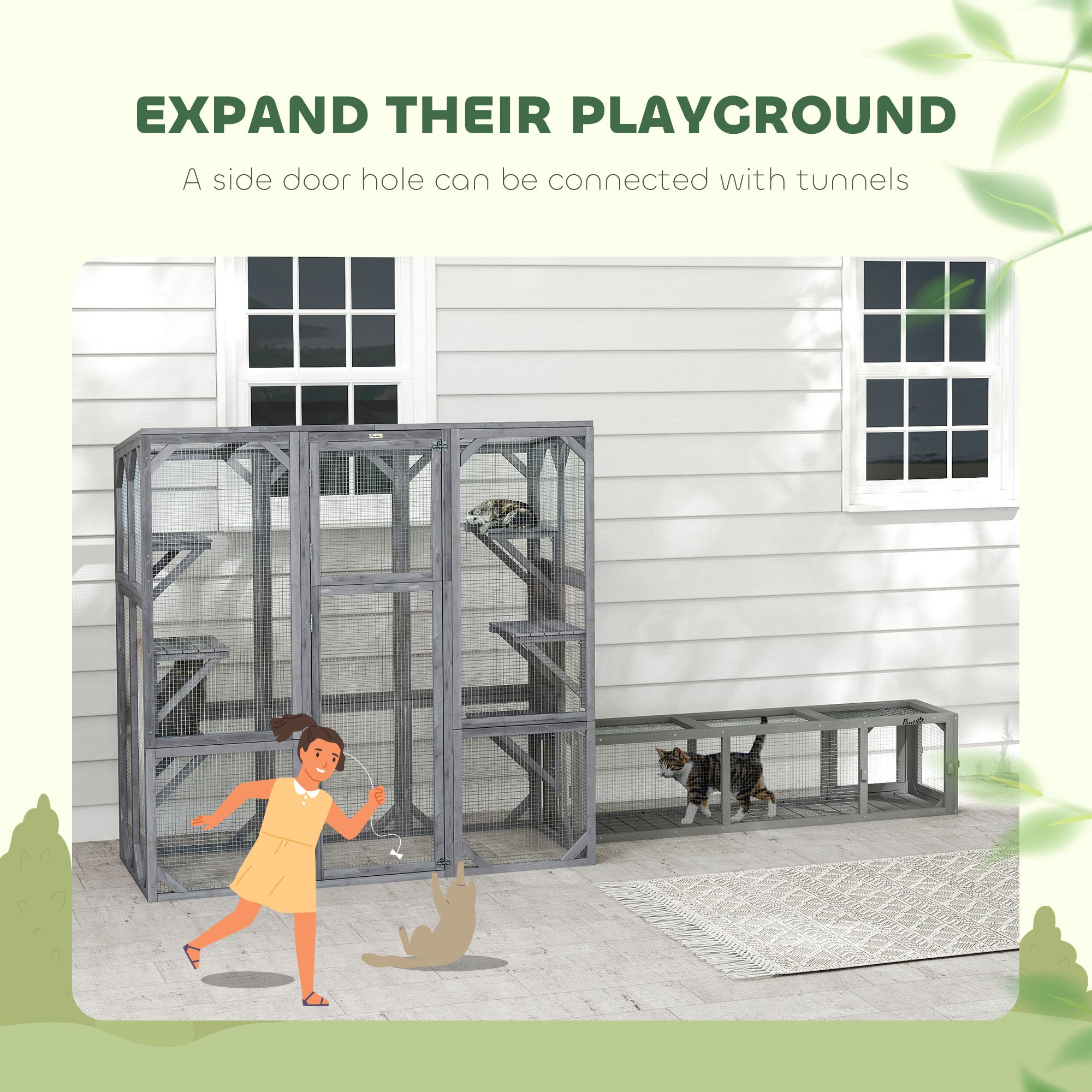 Large Wooden Catio Outdoor with 6 Jumping Platforms, Weatherproof Roof, for 1-3 Cats, 59" x 28" x 60", Gray - Gray - Image 6