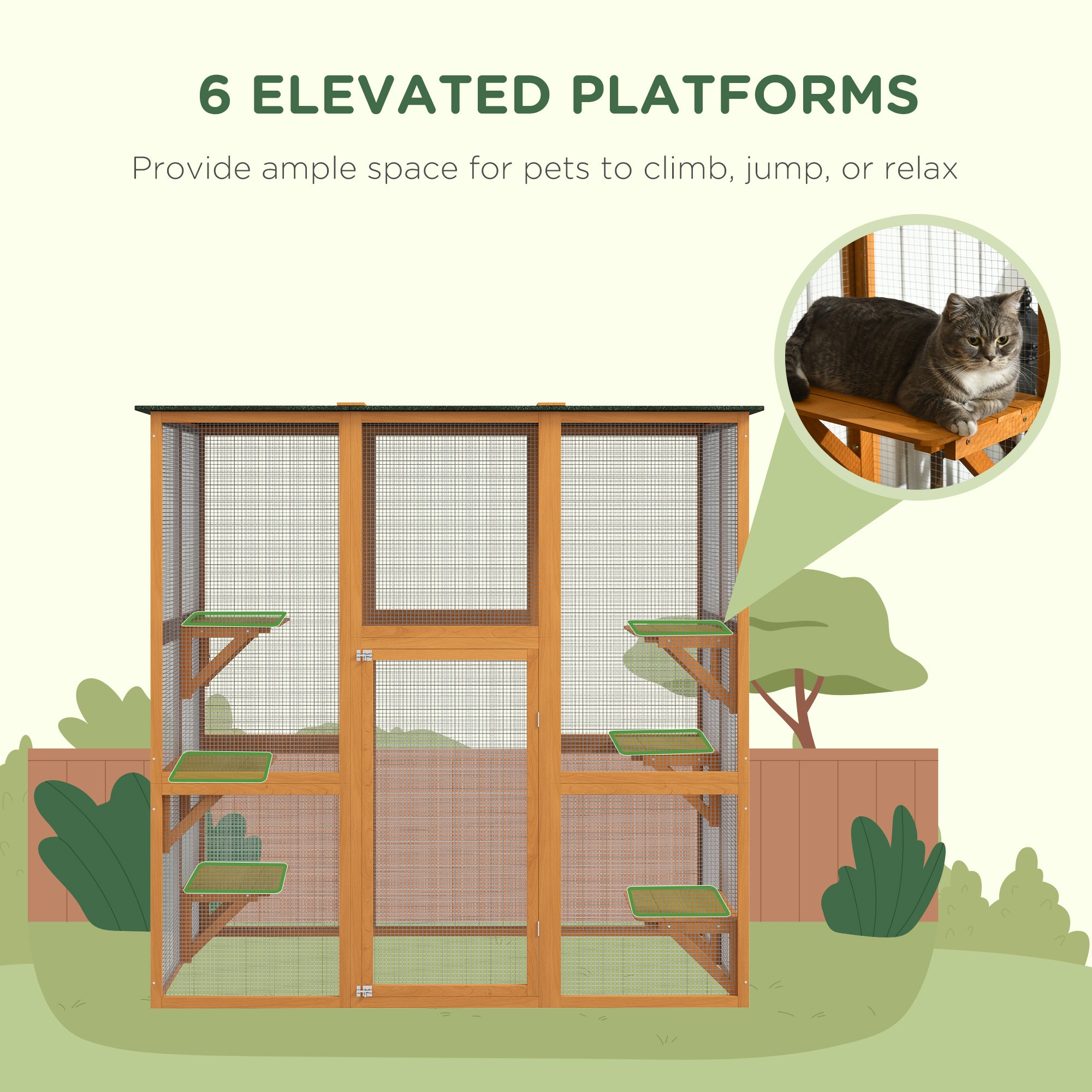 Outdoor Cat House Big Catio Wooden Feral Cat Shelter Enclosure with Large Spacious Interior, 6 High Ledges, Weather Protection Asphalt Roof, 71" L, Orange - Orange - Image 6