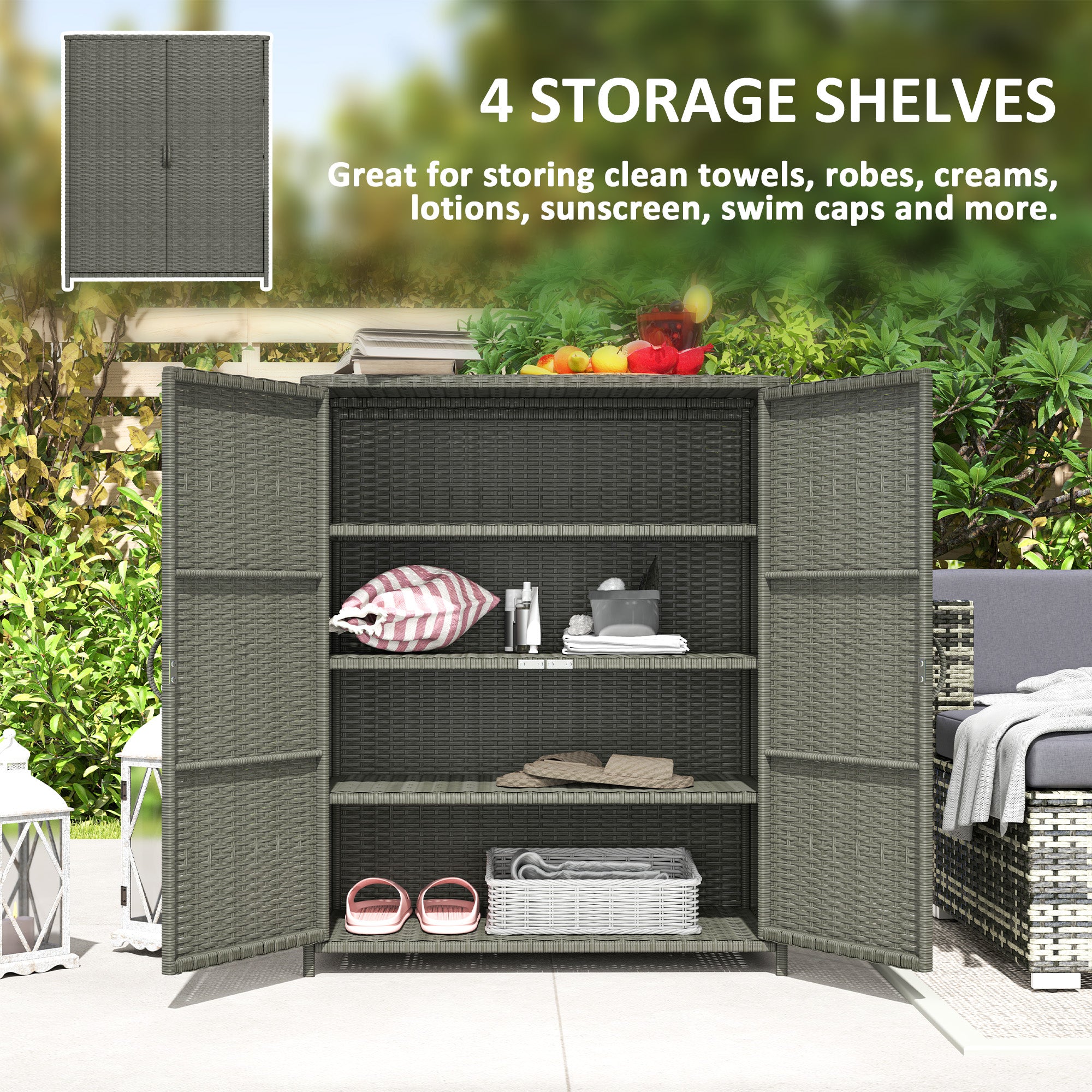 Rattan Wicker Outdoor Storage Cabinet with 4 Shelves and 2 Doors for Garden Pool Towel Storage, Dark Gray - Dark Gray - Image 4