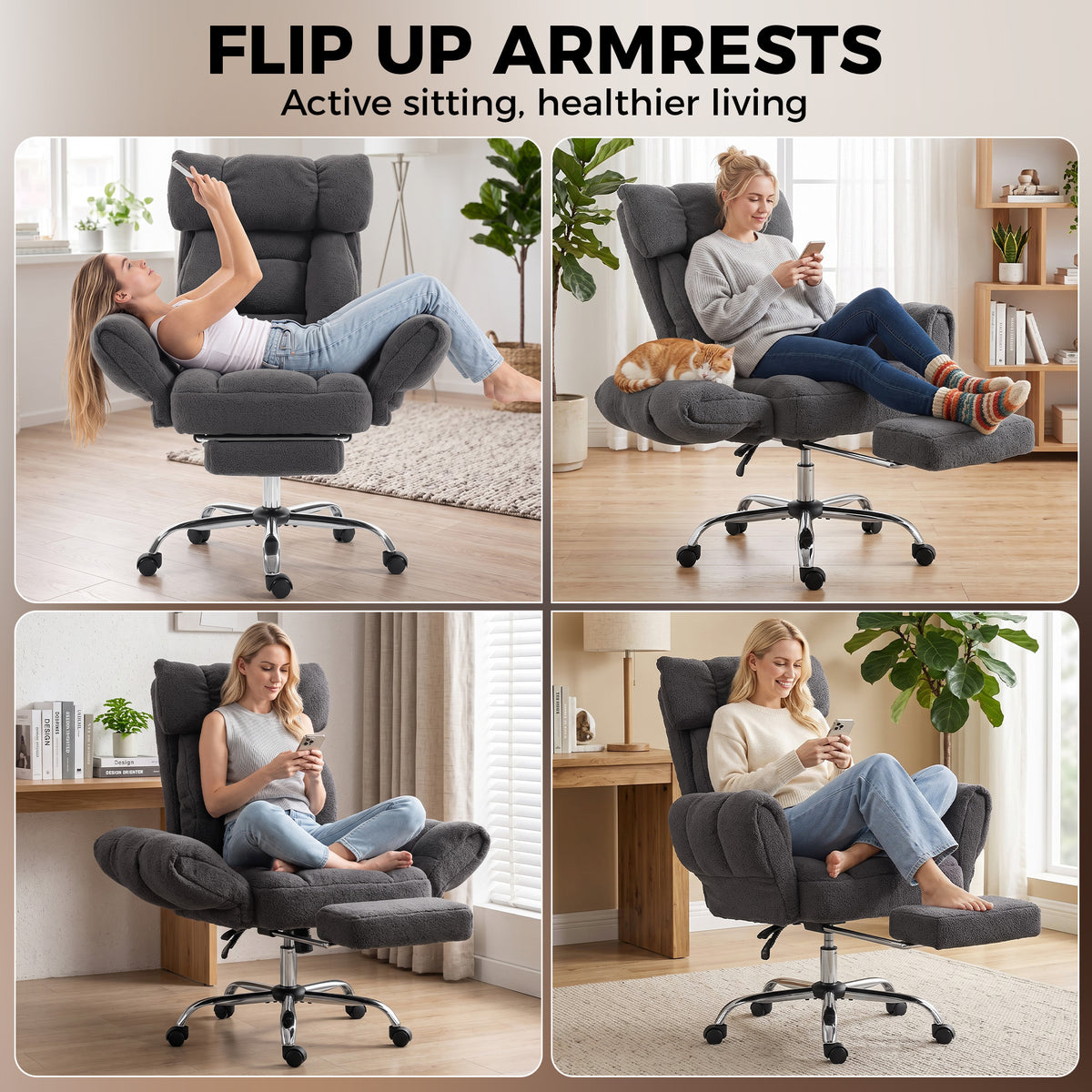 Criss Cross Office Chair with Flip-Up Armrests, Reclining Desk Chair with Wide Seat, Footrest, Wheels, Dark Gray