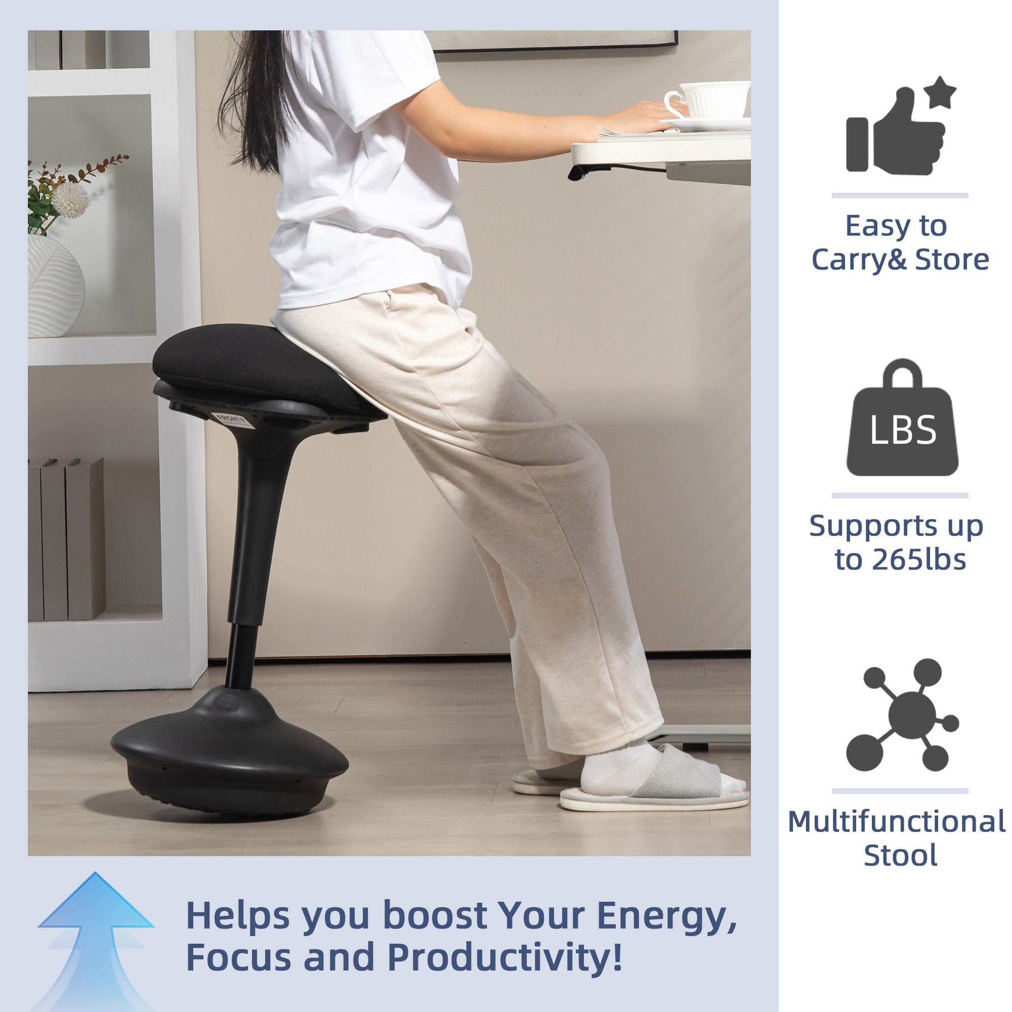 Backless Wobble Chair, Adjustable Active Ergonomic Stool Chair, with Rocking Motion, Padded, Black