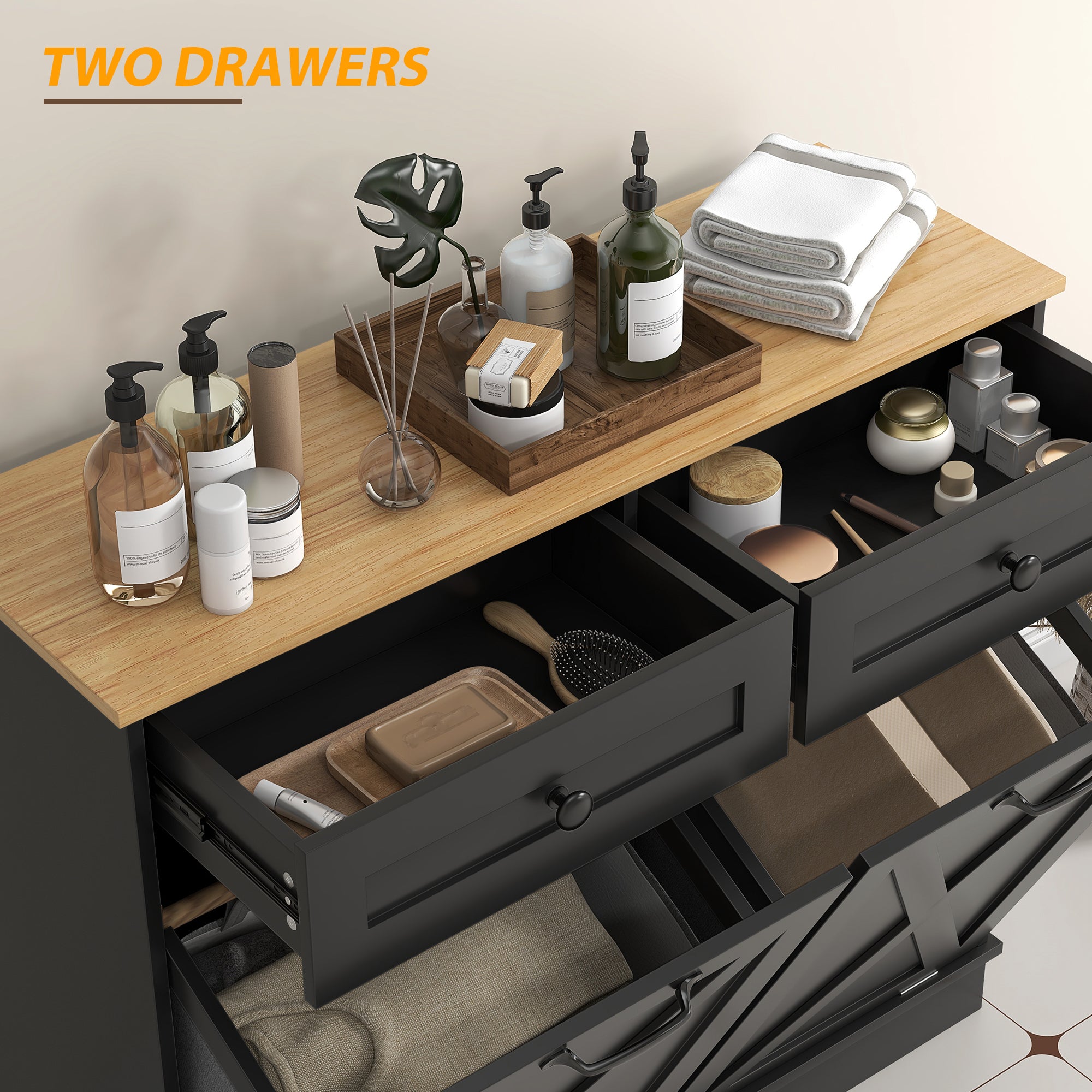 Tilt Out Laundry Hamper Cabinet, Bathroom Storage Cabinet with 2 Removable Baskets and 2 Drawers, Black