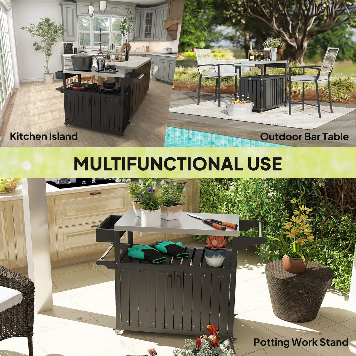 Outdoor Bar Cart with Storage, Stainless Steel Outdoor Bar Table Top, Wheeled HDPE Kitchen Island for Food Prep, Black