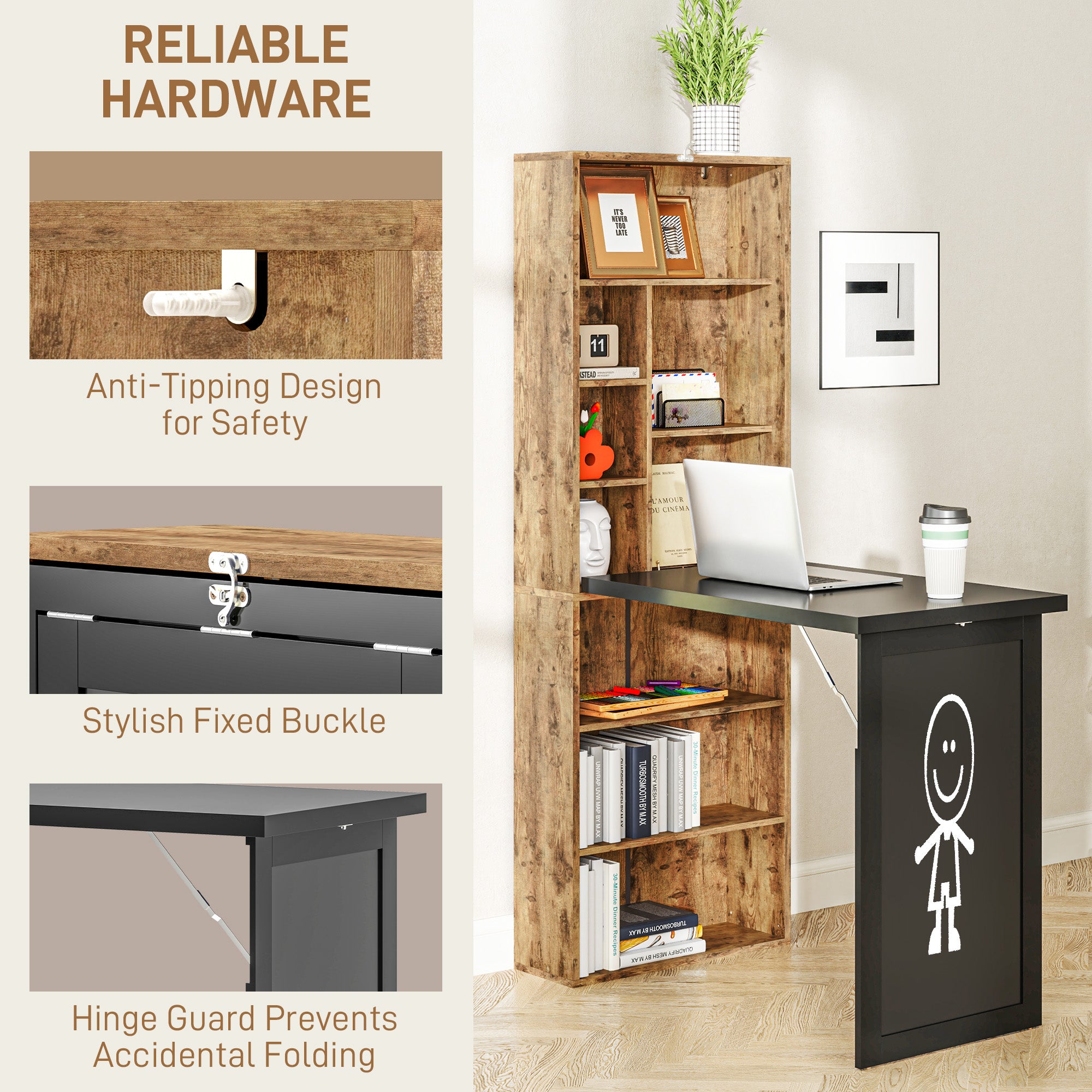 Fold-out Convertible Home Office Desk, Computer Desk with Blackboard and Side Shelf, Rustic Brown