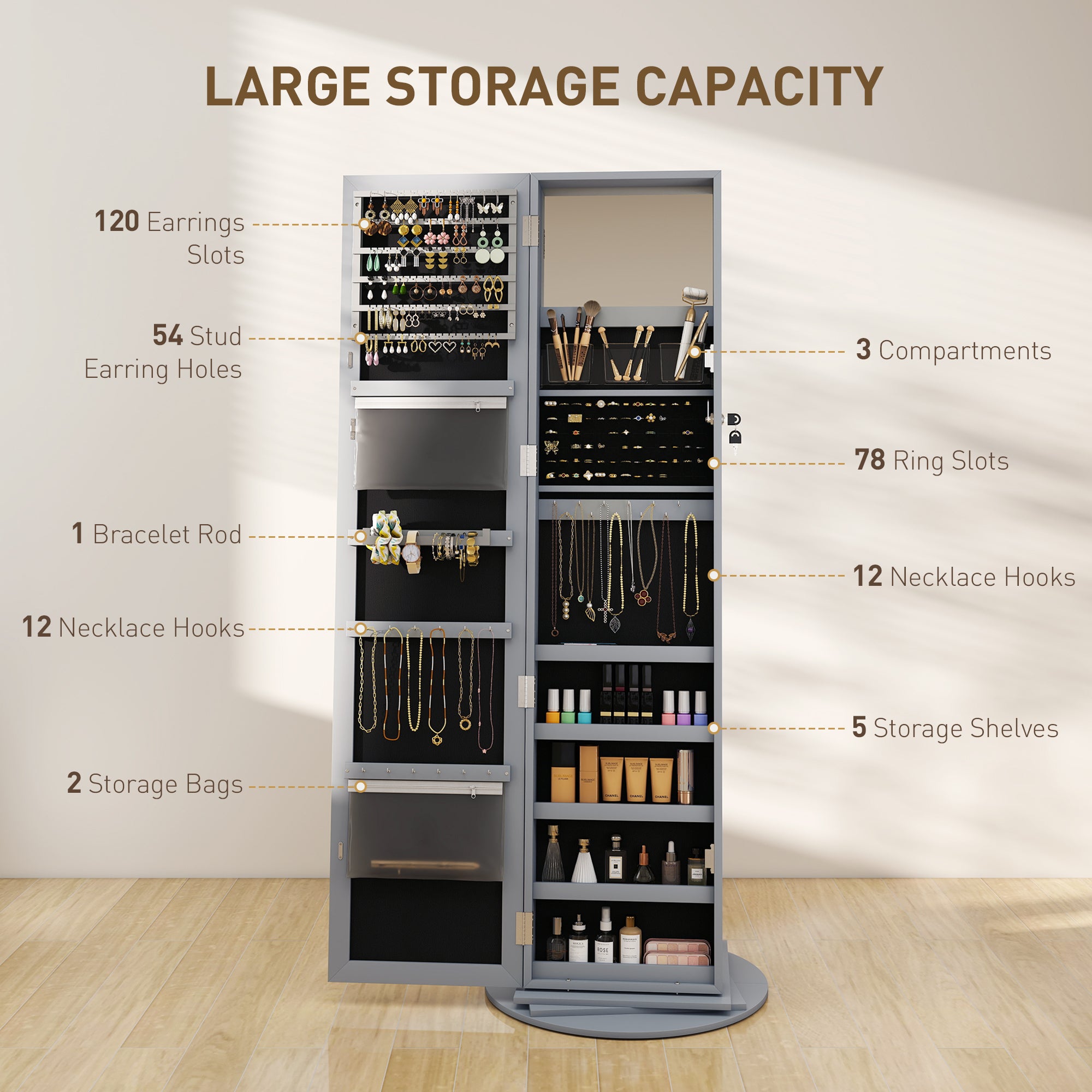360° Swivel Jewelry Armoire, Lockable Jewelry Cabinet with Full-Length Mirror, Storage Shelves, Gray