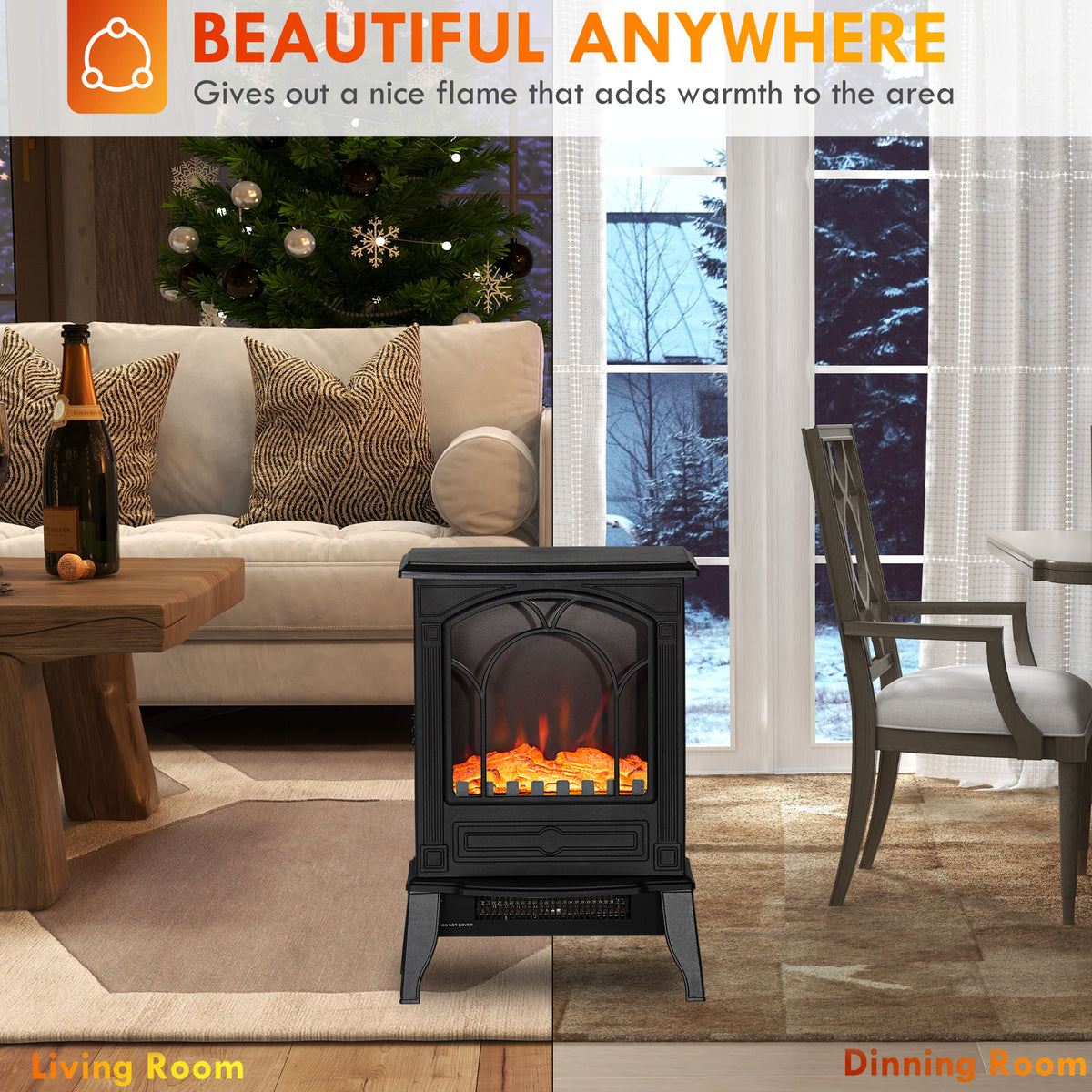 Electric Fireplace Heater, Freestanding Fireplace Stove with Realistic Flame Effect Overheat Protection 725W/1450W Black