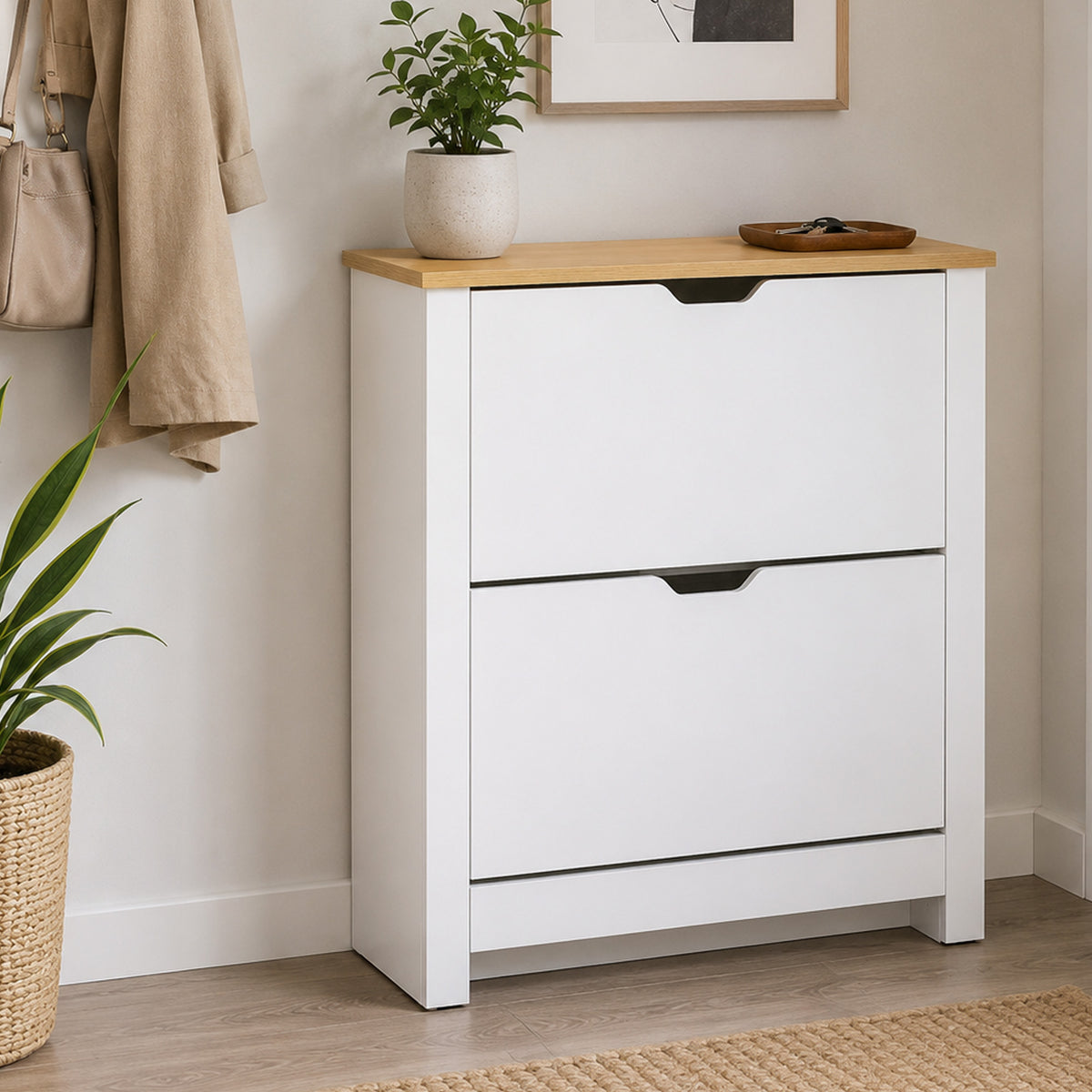Slim Shoe Storage Cabinet, Shoe Cabinet with 2 Flip Drawers and Adjustable Dividers, Natural & White