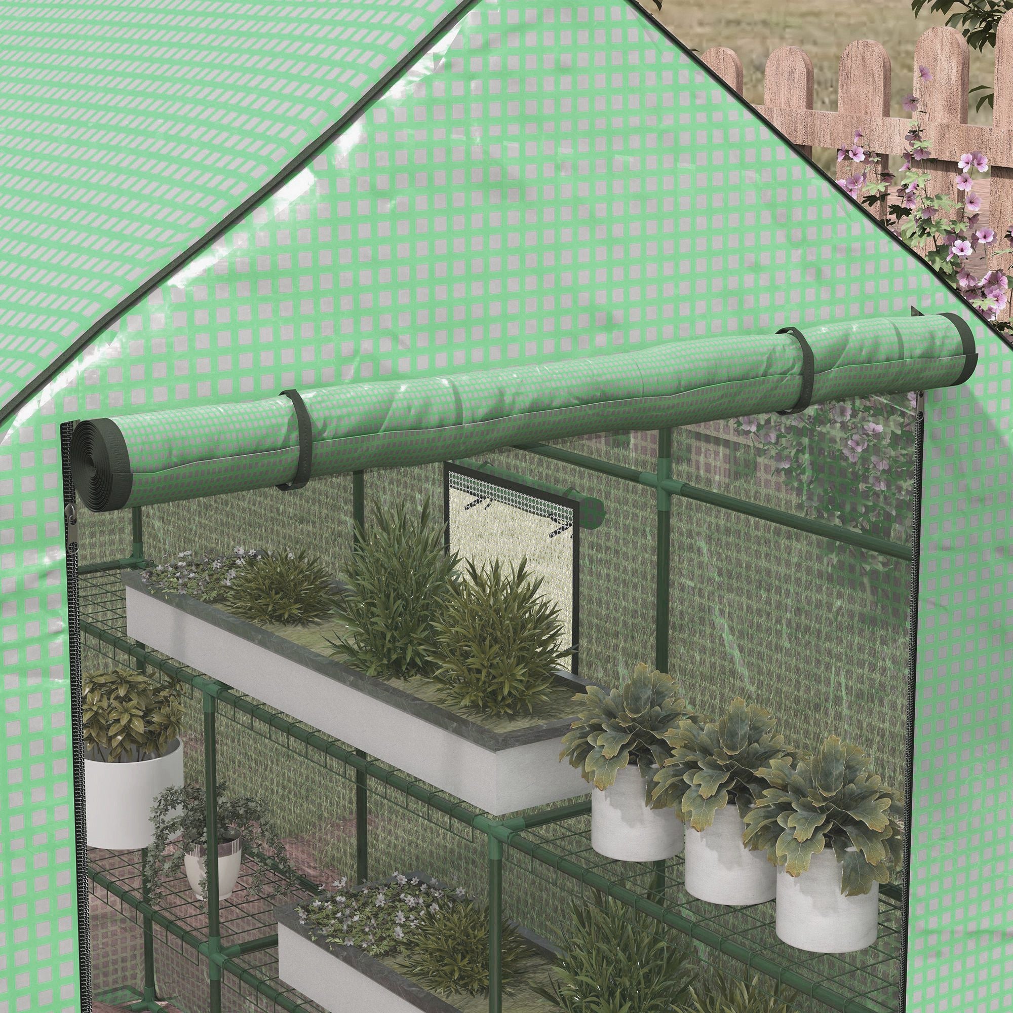 4.6' x 4.7' Portable Greenhouse, Water/UV Resistant Walk-In Small Outdoor Green House with 2 Tier U-Shaped Flower Rack Shelves, Roll Up Door & Windows, Green - Green - Image 8