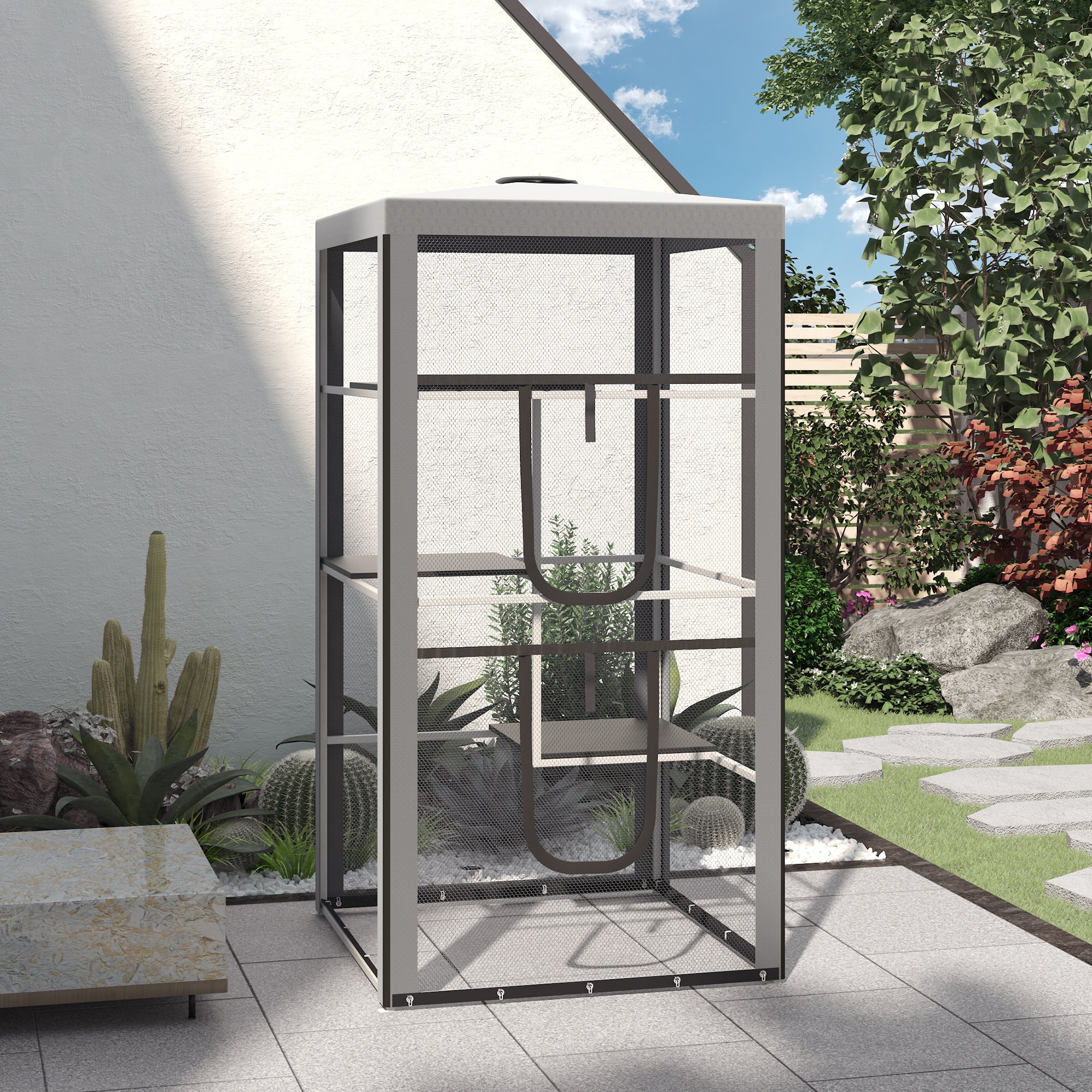79"H Cat House Kitten Enclosure Mesh Playpen Steel Frame with 3 Platforms, 2 Doors and 4 Sandbags for Stability, Indoor/Outdoor - Grey, White and Black - Image 2