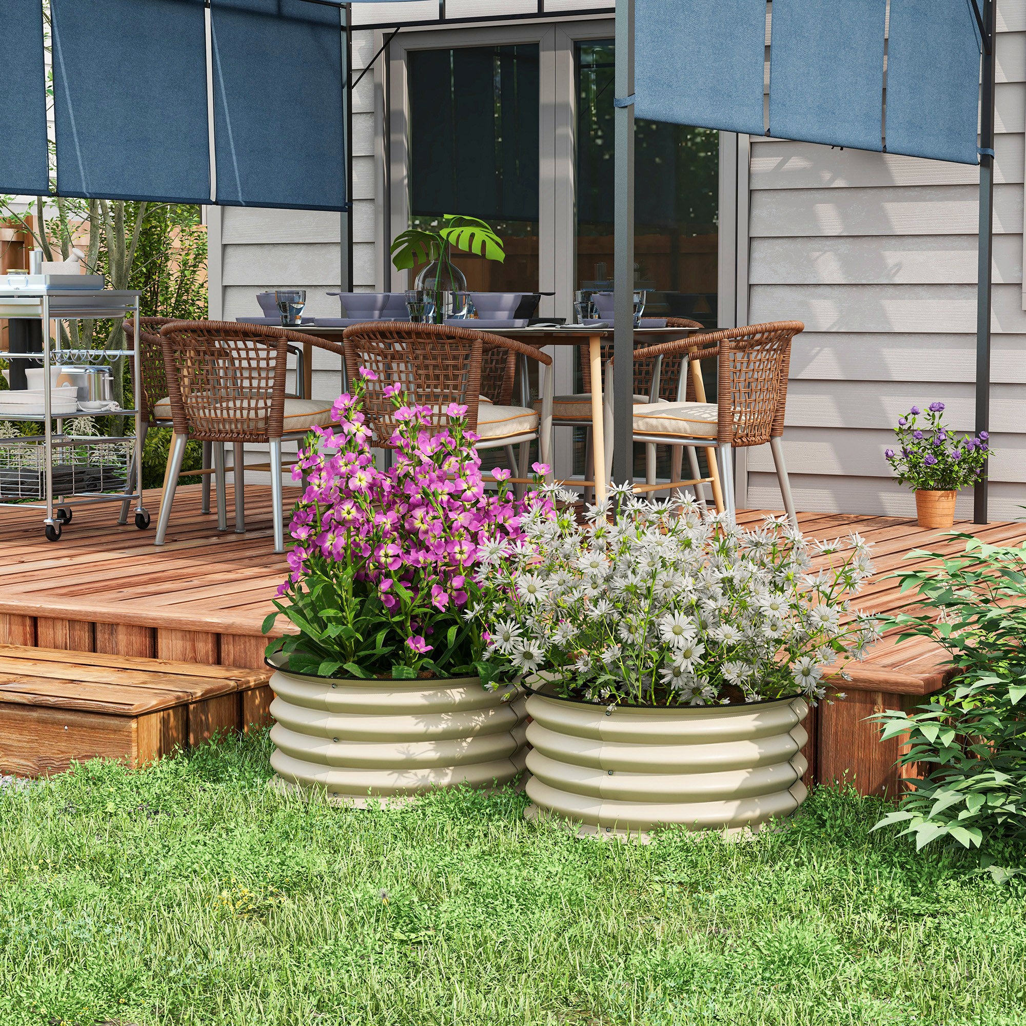 Set of 2 Raised Garden Bed, Metal Planter Box with Safety Edging, Easy-to-assemble Stock Tank, Cream - Cream White - Image 2