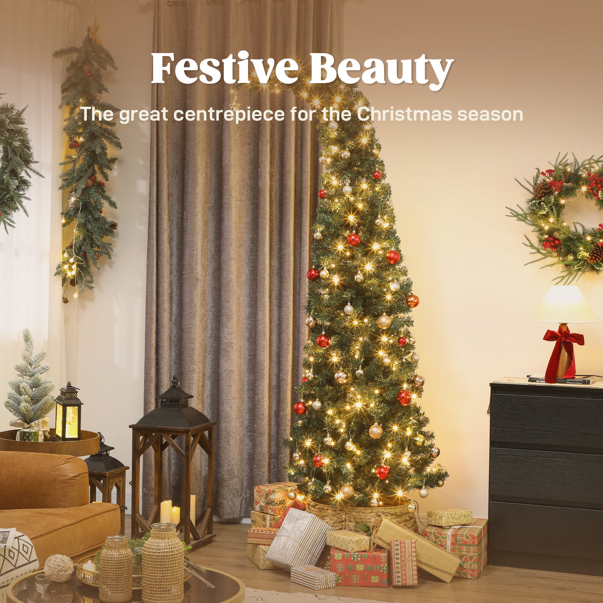 7 ft Prelit Christmas Tree, Whimsical Xmas Tree Slim High Mountain Fir with 300 LEDs and Metal Stand, Green