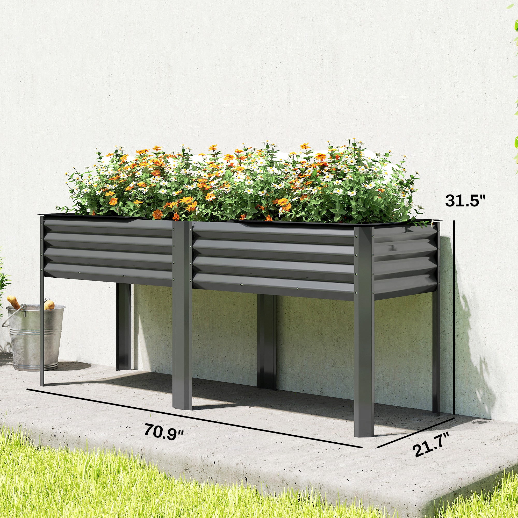 Galvanized Raised Garden Bed with Legs, 71" x 22" x 31.5" Raised Planter Box with Reinforced Bars and Non-Woven Fabric - Dark Gray - Image 3