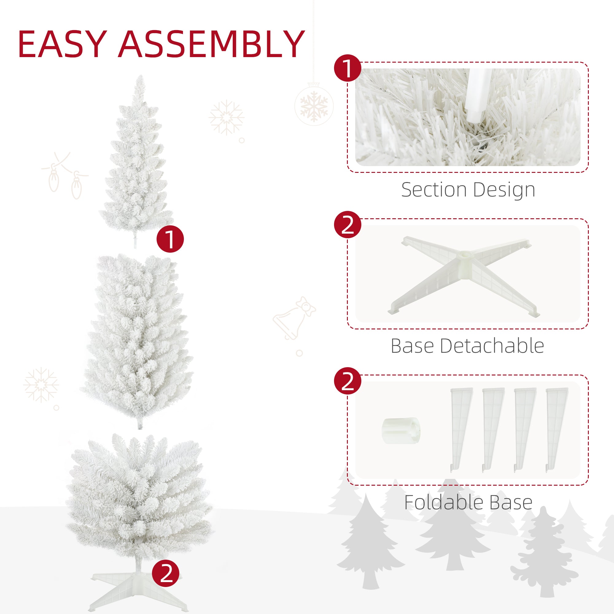6' Decorated Christmas Tree Snow Flocked Artificial Christmas Tree with Pencil Shape, Realistic Branches, White