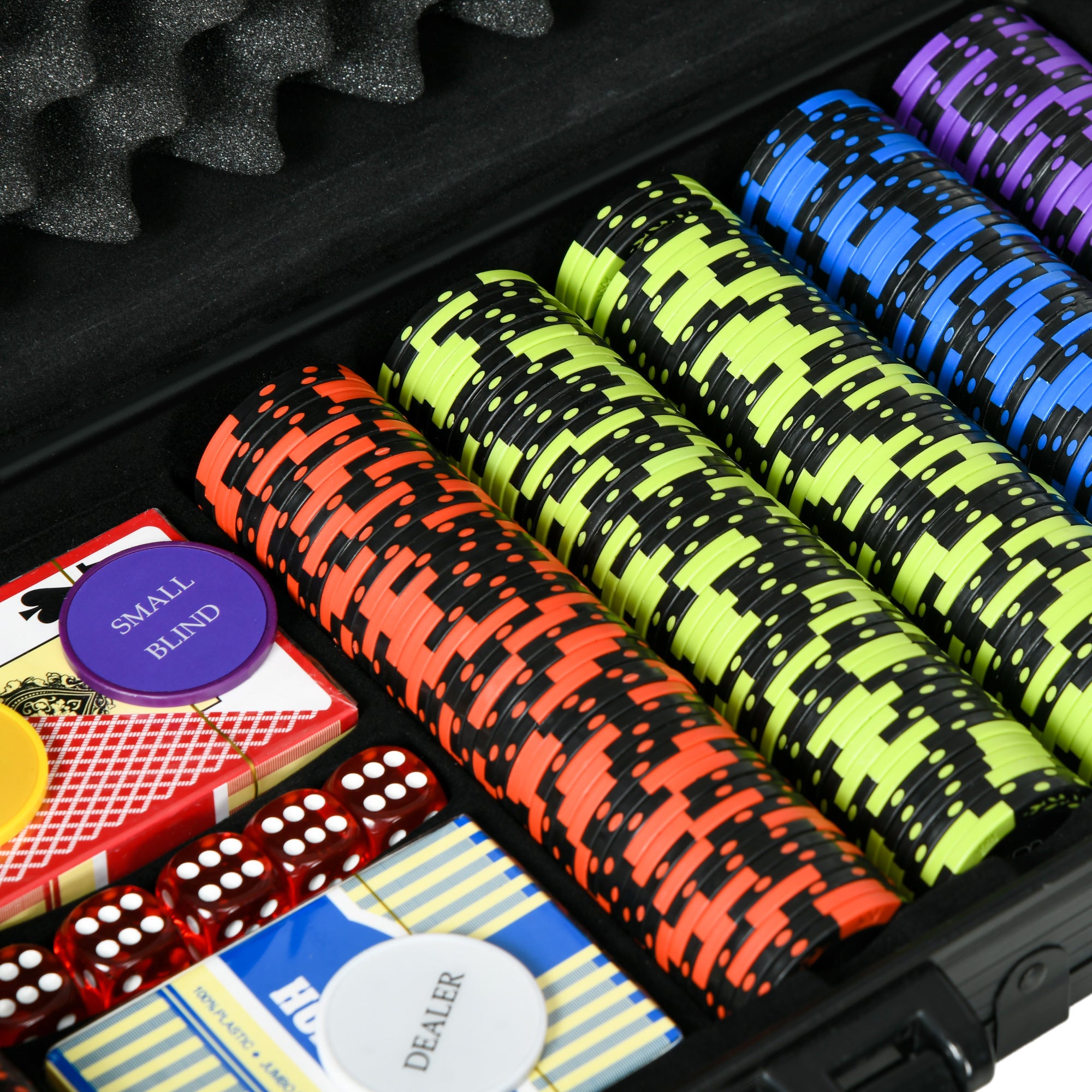 500PCs 14 Gram Clay Poker Chips Set Casino Poker Chips with Aluminum Case, Playing Cards, Dealer Button, 5 Dices