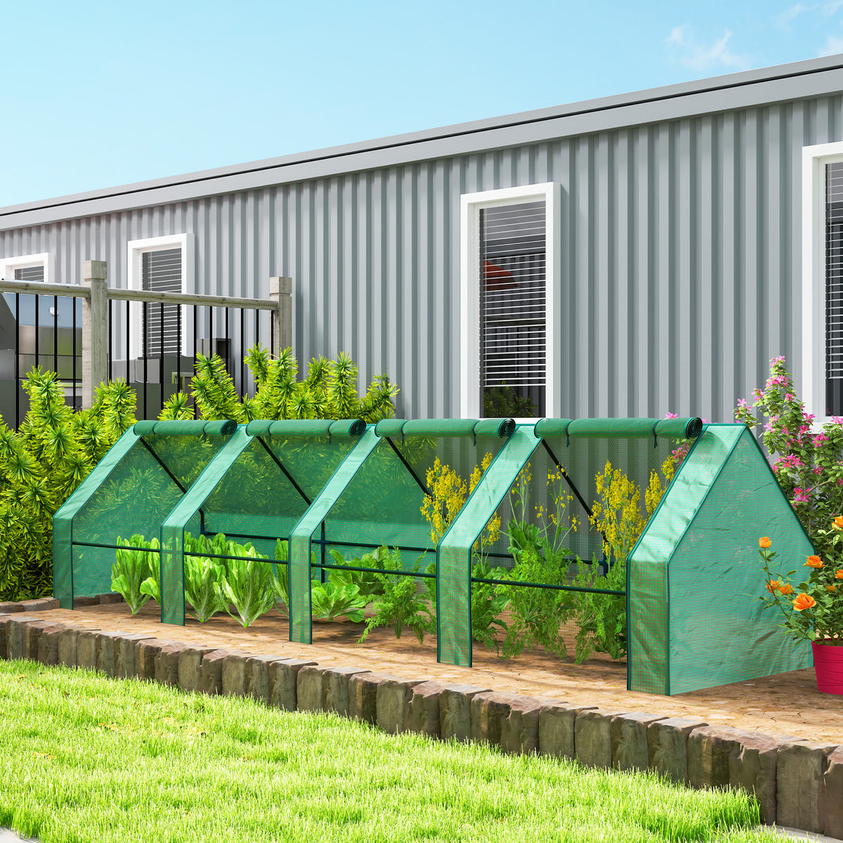 Portable Mini Greenhouse, Outdoor Garden with Large Zipper Doors and Water/UV PE Cover, 12' x 3' x 3', Green